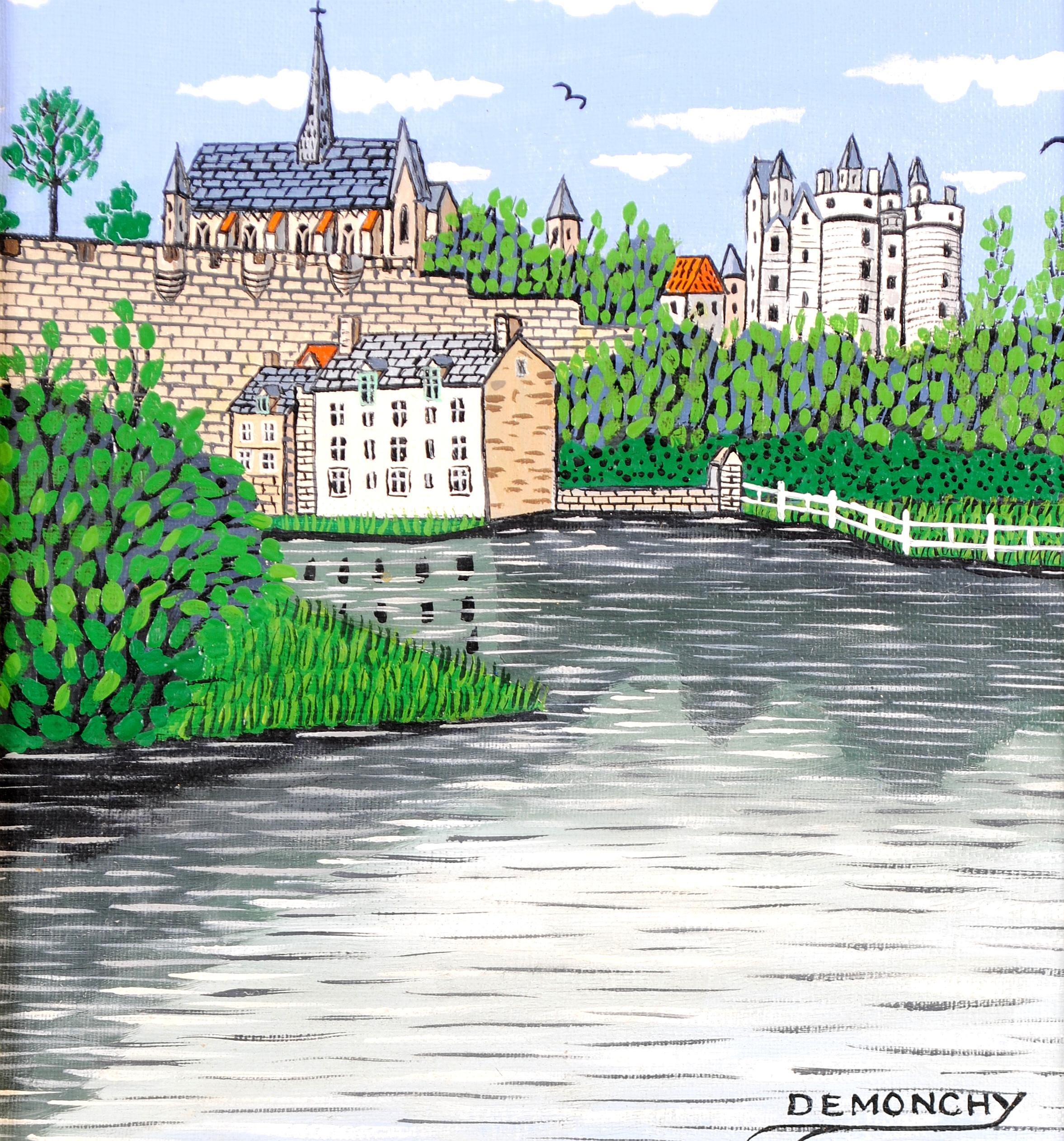 Montreuil Bellay & Thouet Fluss - Mid Century Französisch Naïf Landschaftsmalerei – Painting von André Demonchy