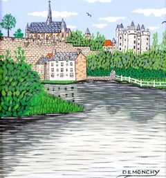 Montreuil Bellay & Thouet River - Mid Century French Naïf Landscape Painting