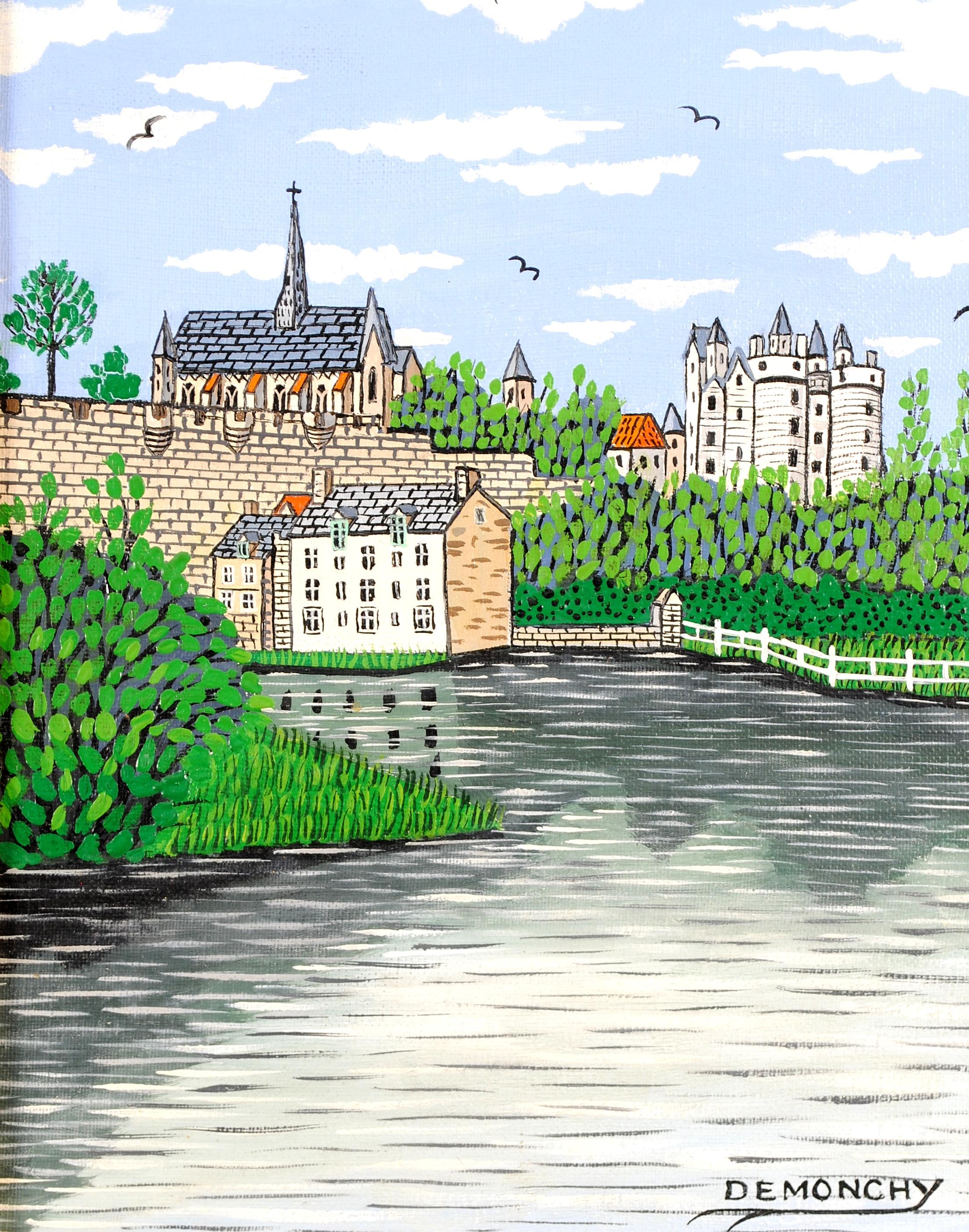 Montreuil Bellay & Thouet Fluss - Mid Century Französisch Naïf Landschaftsmalerei (Beige), Landscape Painting, von André Demonchy