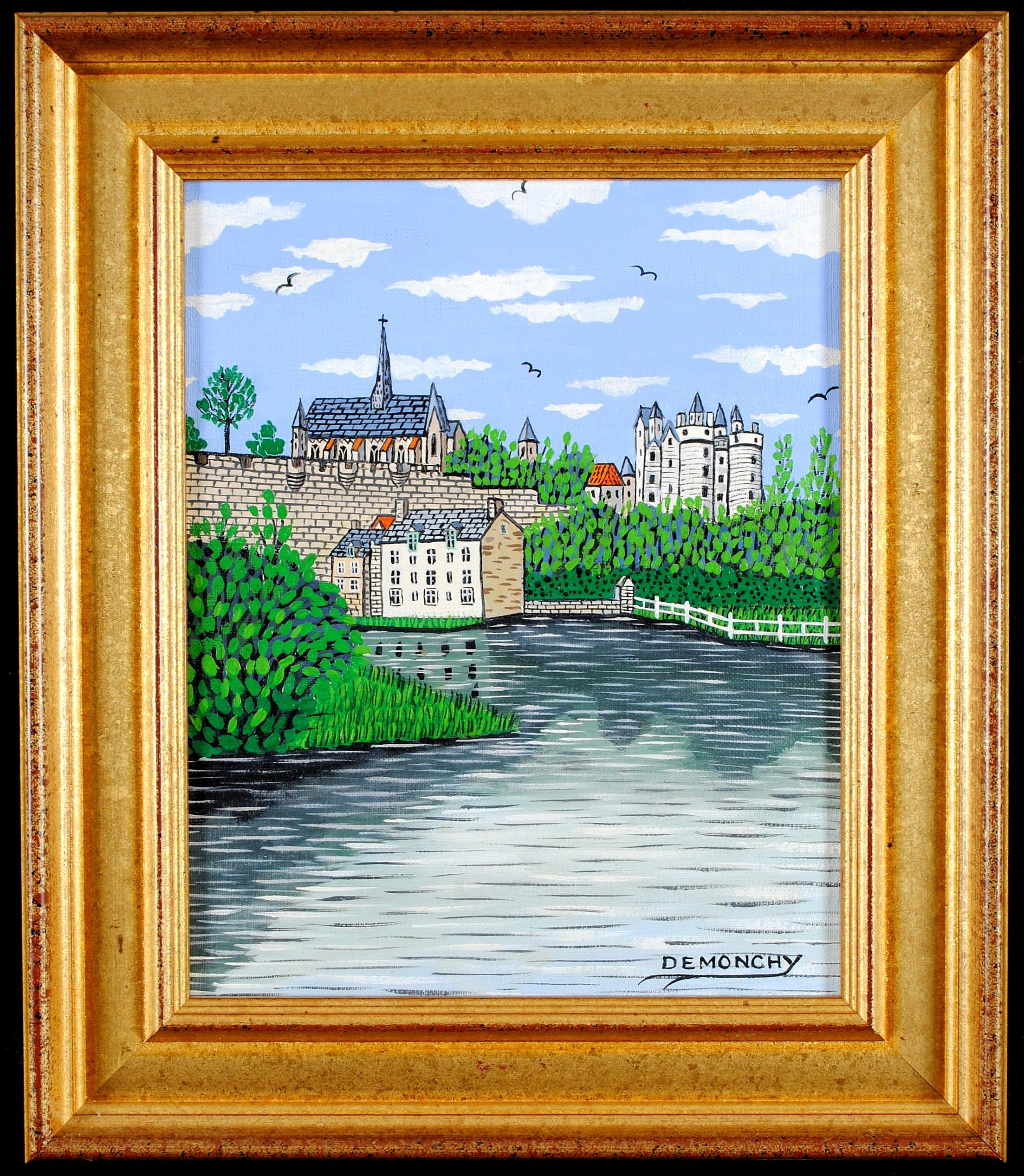 Montreuil Bellay et rivière Thouet - Peinture de paysage naïf français du milieu du siècle