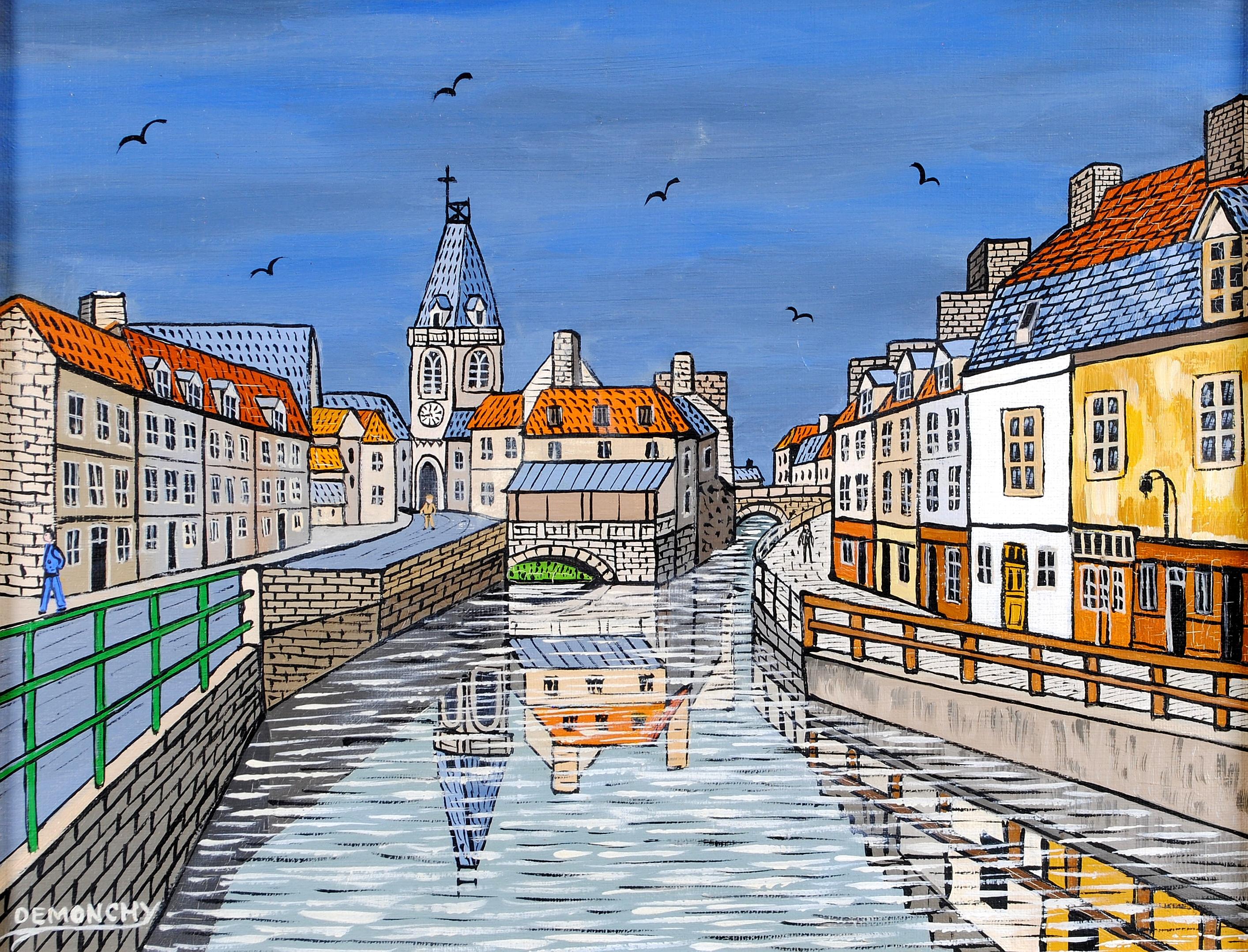 Old Amiens -  Saint Leu French Naïf River City Landscape France Oil Painting - Gray Landscape Painting by André Demonchy