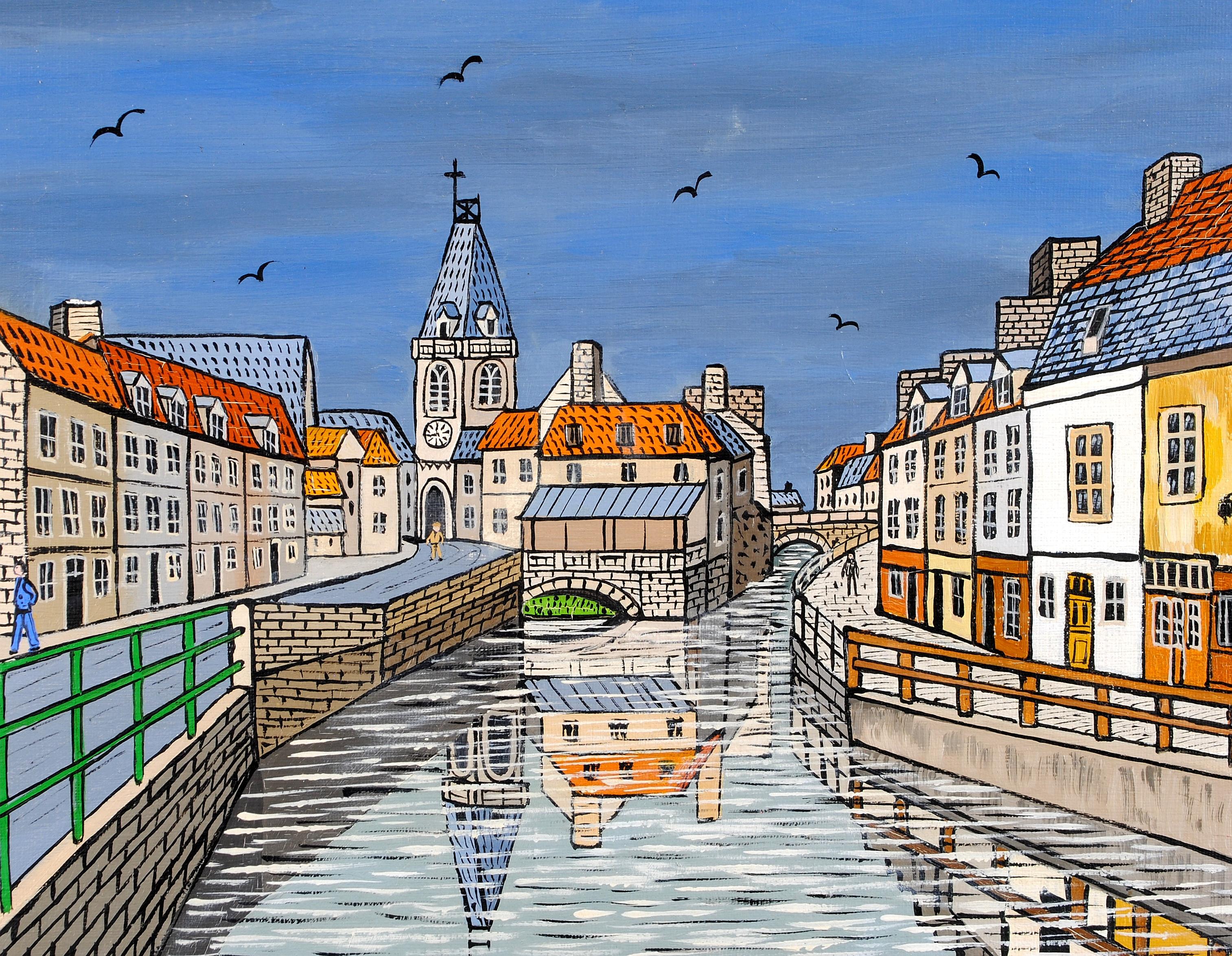 Old Amiens -  Saint Leu French Naïf River City Landscape France Oil Painting For Sale 1