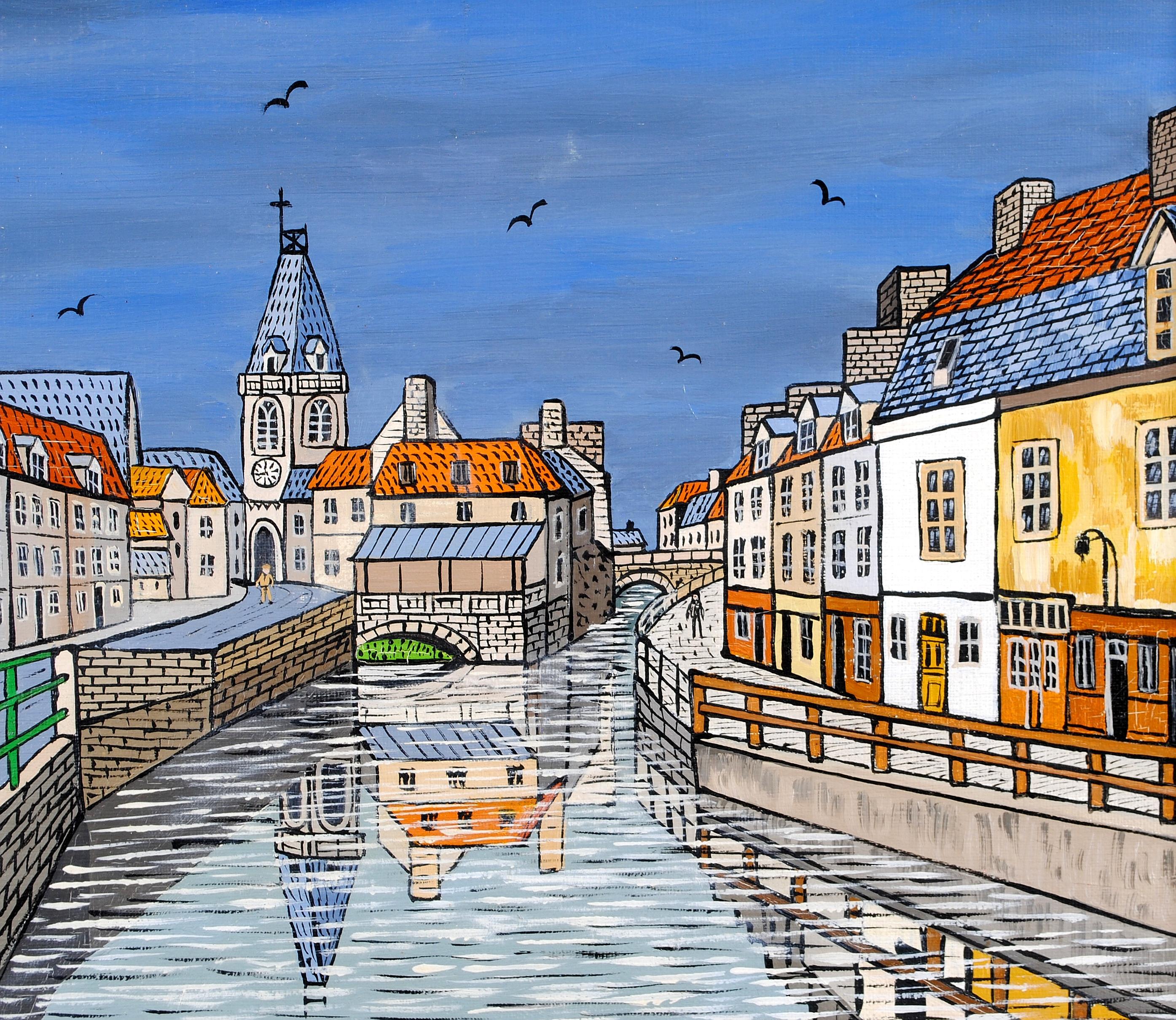 Old Amiens -  Saint Leu French Naïf River City Landscape France Oil Painting For Sale 2