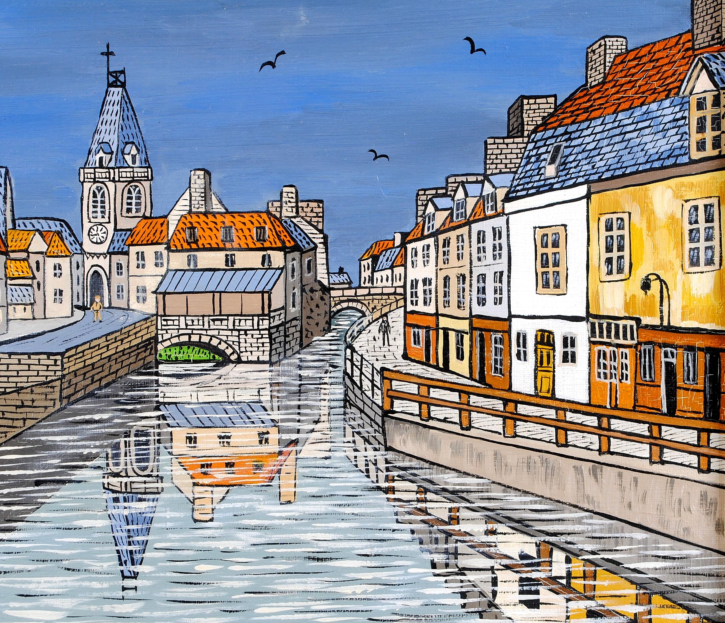 Old Amiens -  Saint Leu French Naïf River City Landscape France Oil Painting For Sale 4