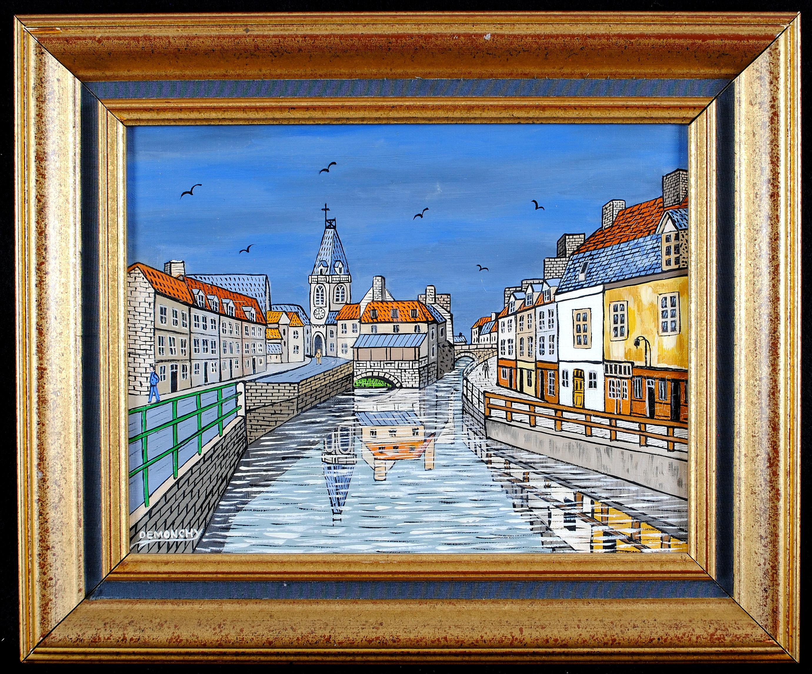 André Demonchy Landscape Painting - Old Amiens -  Saint Leu French Naïf River City Landscape France Oil Painting