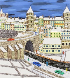 Semur en Auxois - 20th Century French Naïf Winter Town Landscape Oil Painting