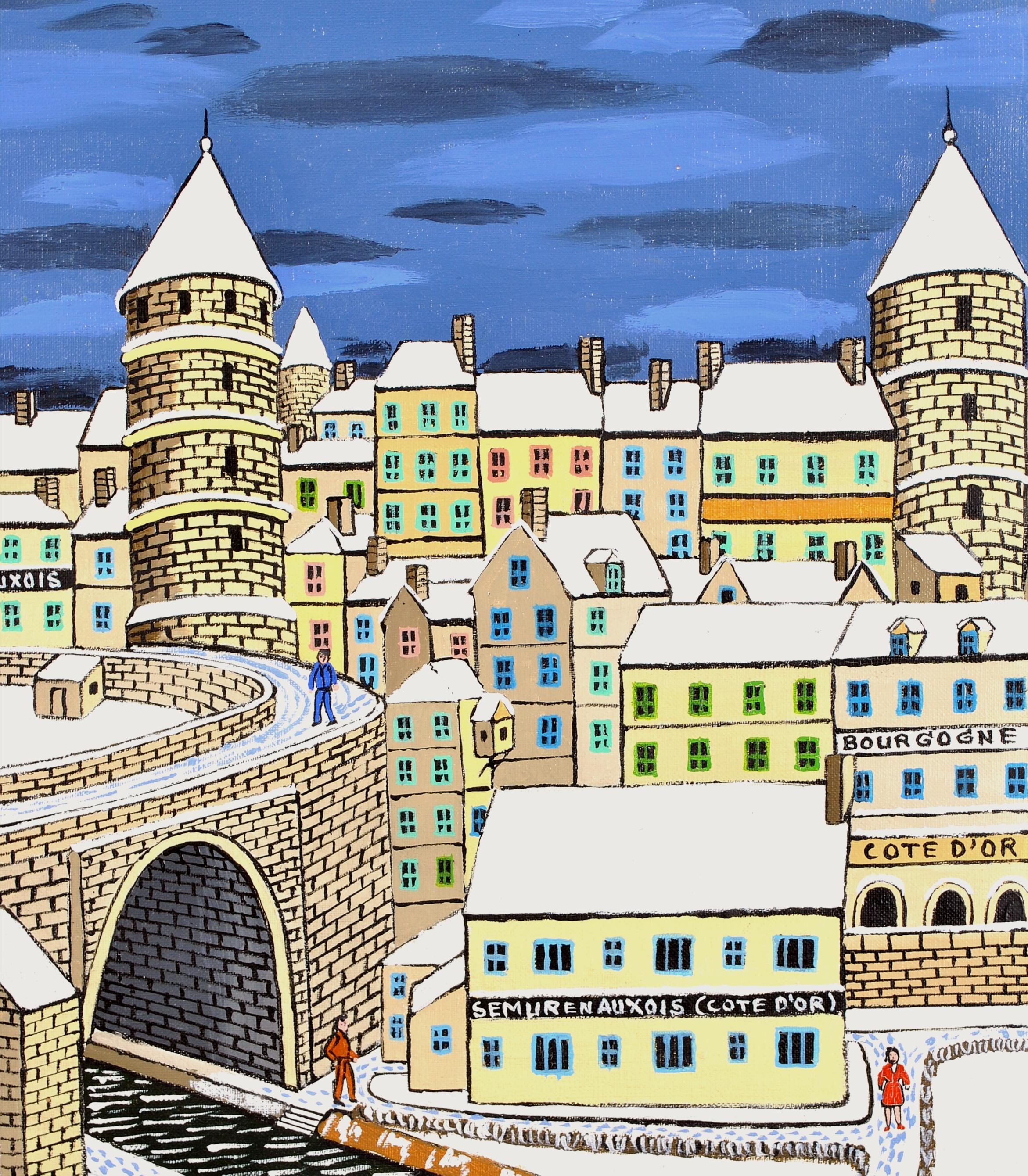 Semur en Auxois - 20th Century French Naïf Winter Town Landscape Oil Painting For Sale 2