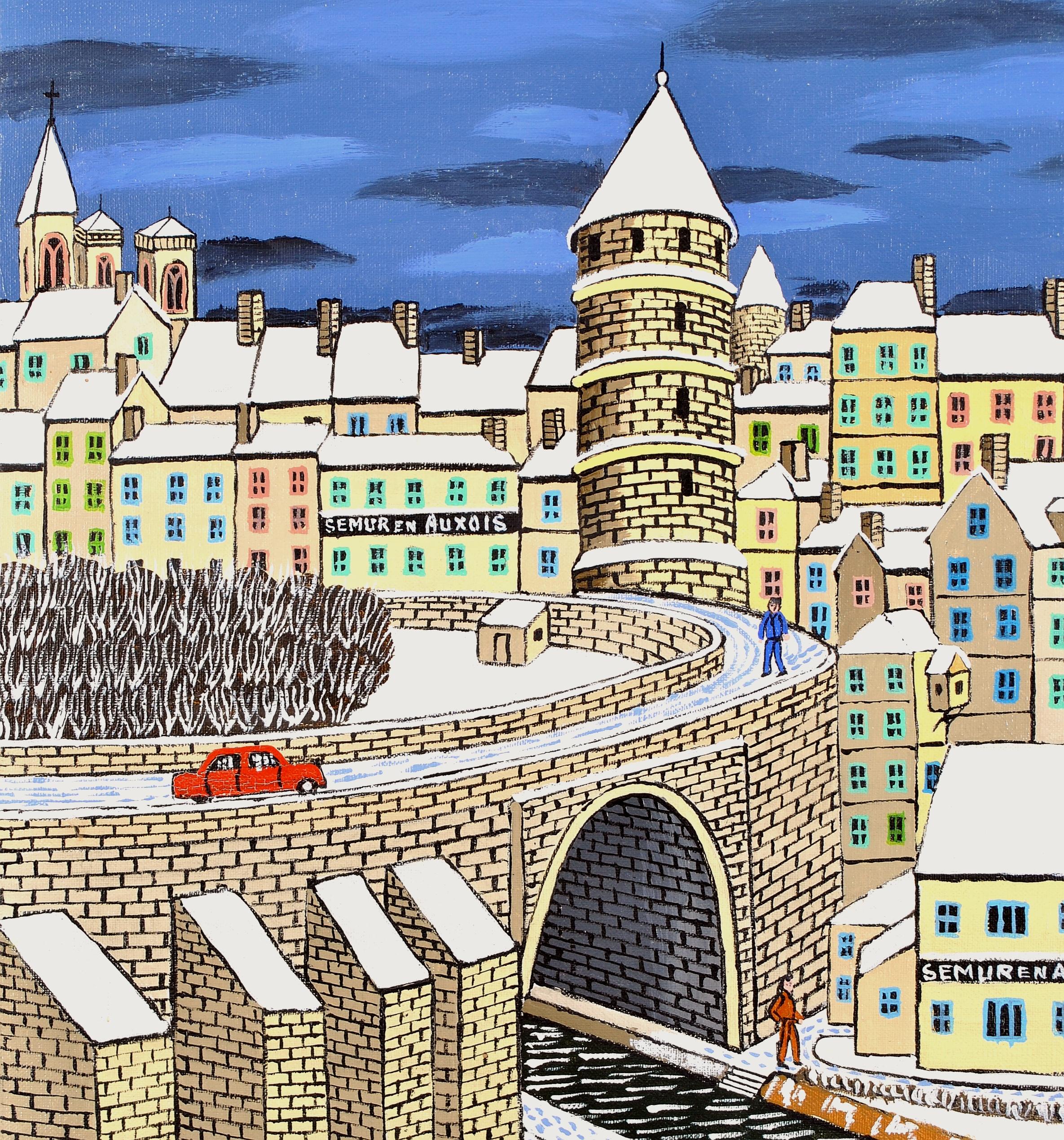 Semur en Auxois - 20th Century French Naïf Winter Town Landscape Oil Painting For Sale 3