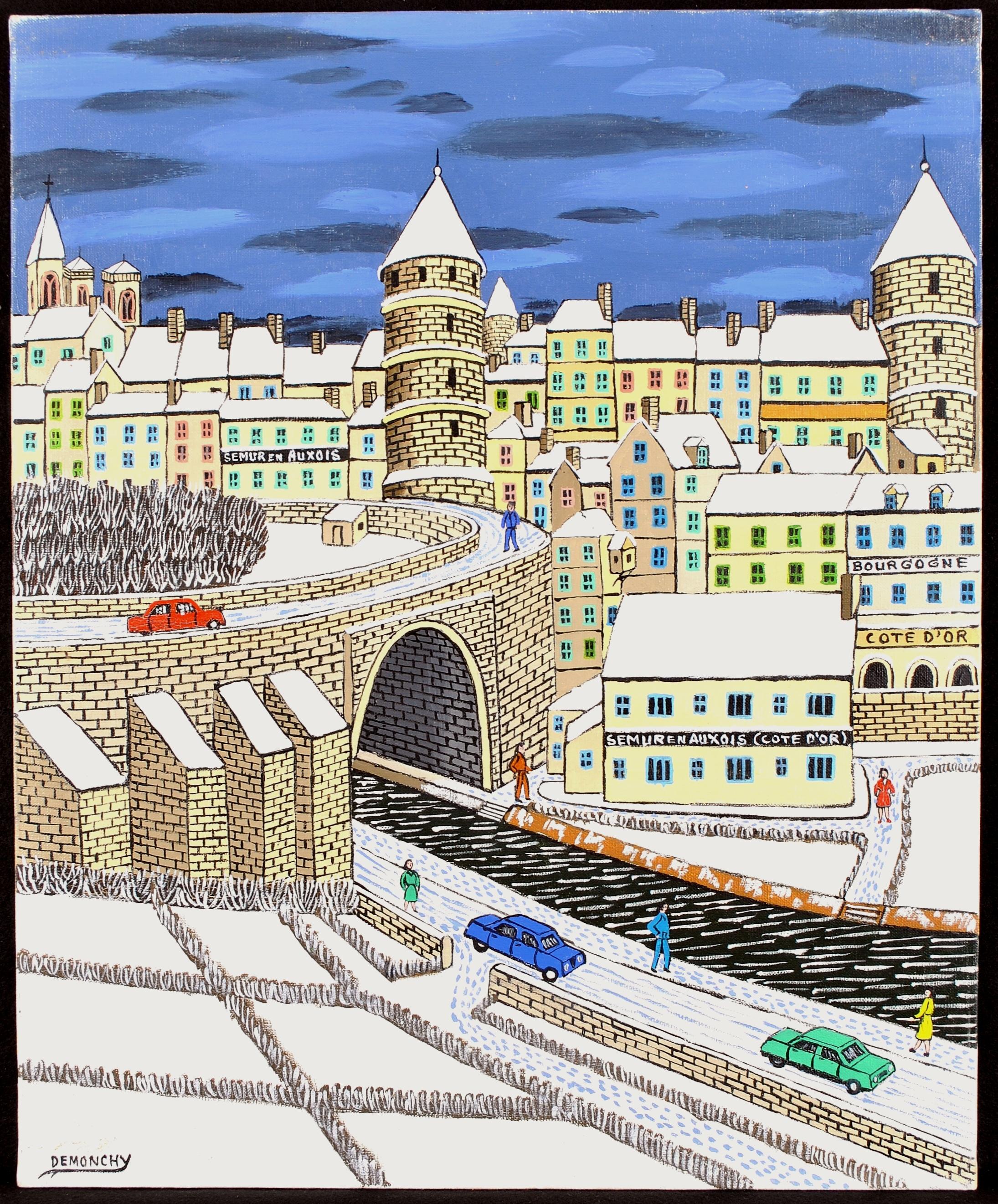 Semur en Auxois - 20th Century French Naïf Winter Town Landscape Oil Painting For Sale 6