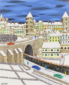 Semur en Auxois - 20th Century French Naïf Winter Town Landscape Oil Painting