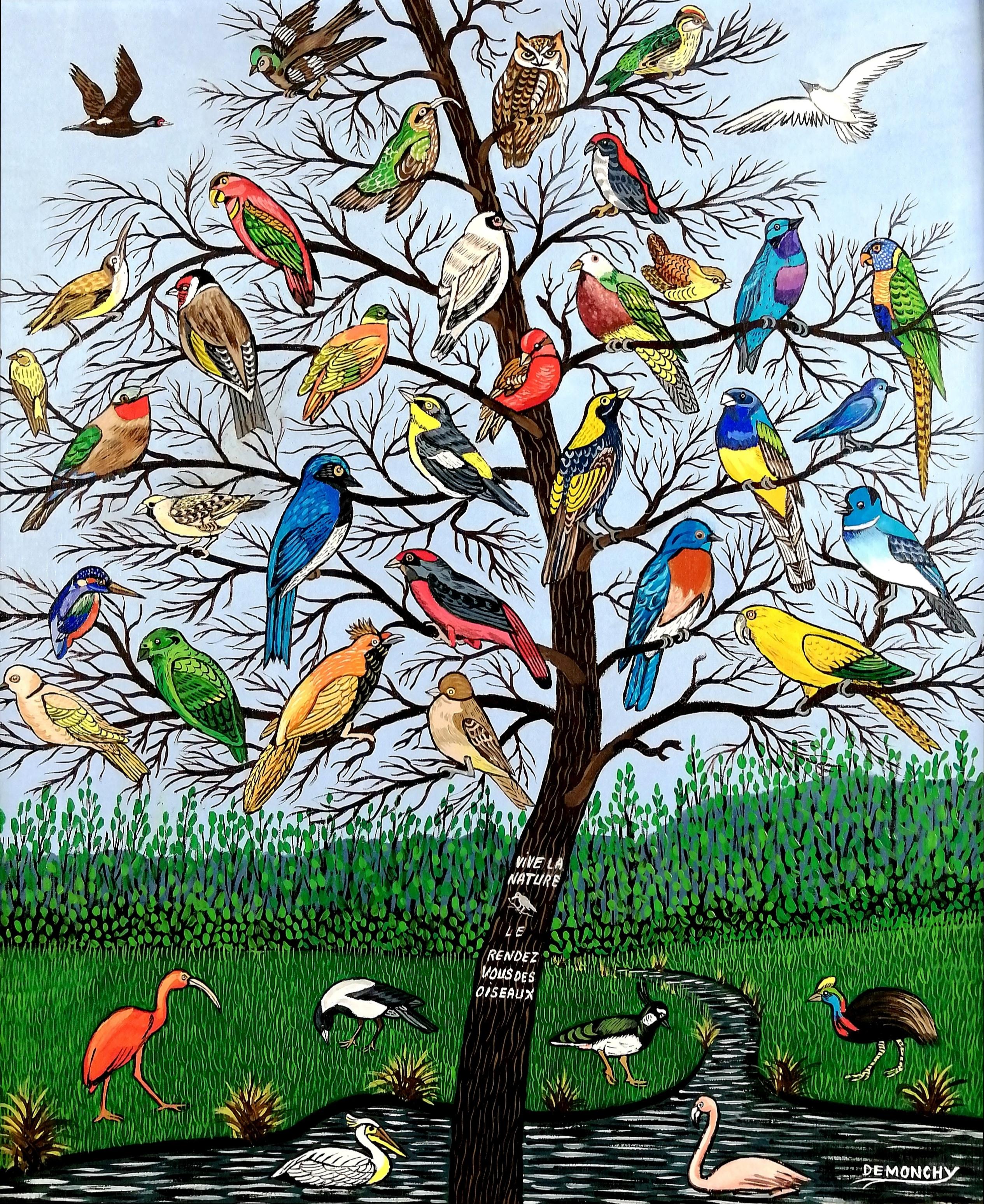 The Bird Tree - Large Mid 20th Century French Naïf Nature Birds Oil Painting - Brown Animal Painting by André Demonchy