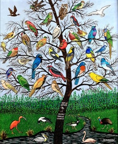 The Bird Tree - Large Mid 20th Century French Naïf Nature Birds Oil Painting
