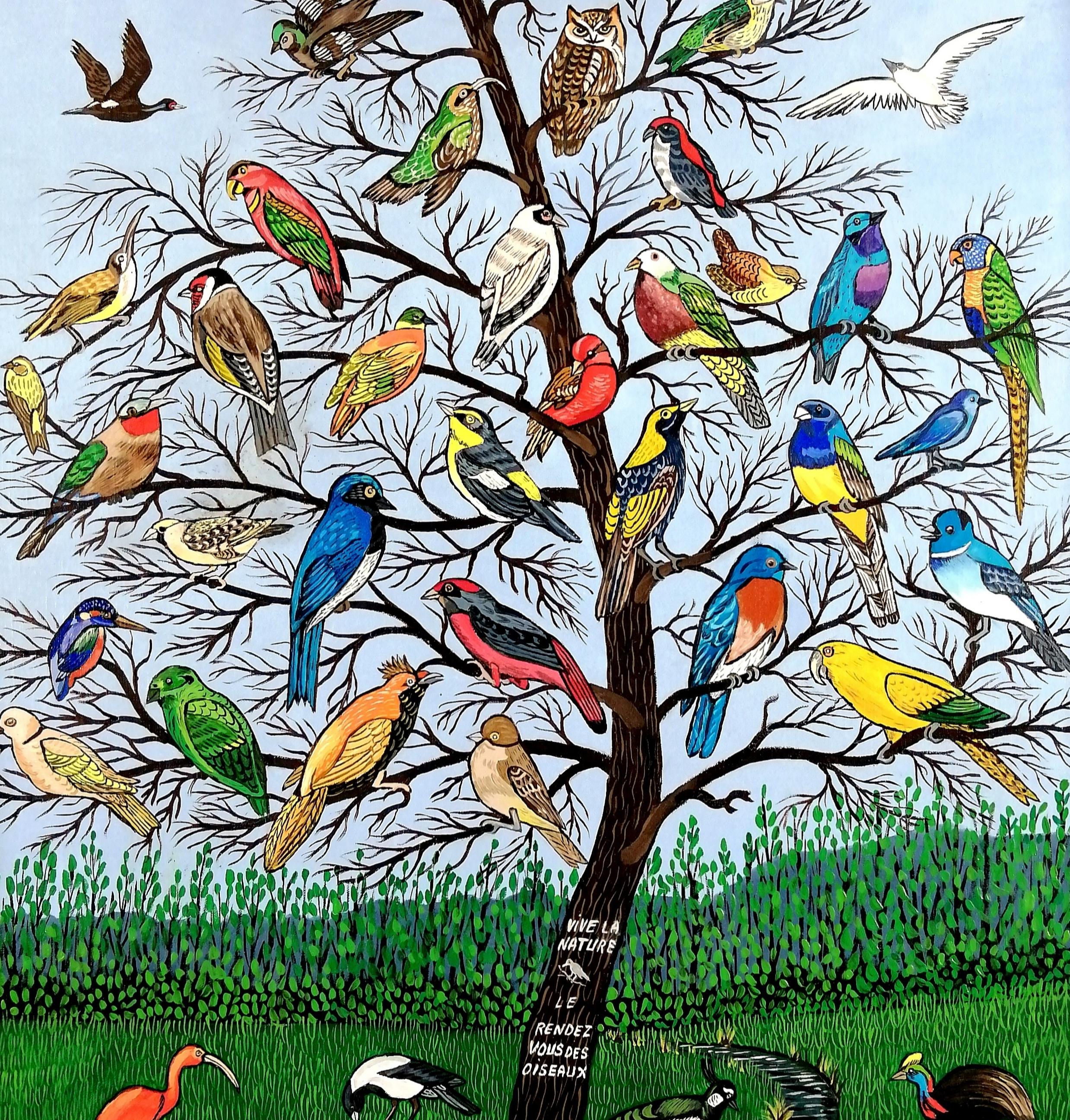 A very beautiful large mid 20th century French naïf oil on canvas depicting a tree full of colourful birds, all different species, by André Demonchy.

The work is signed lower right, inscribed on the tree trunk and again with title on the reverse.