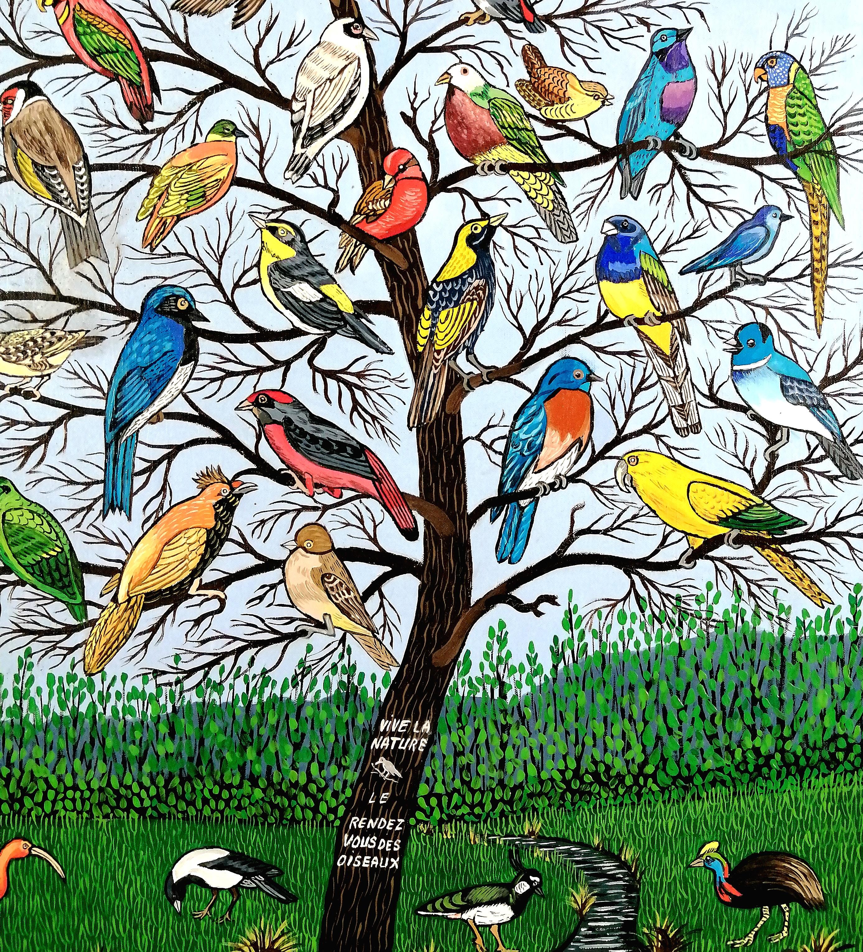 The Bird Tree - Large Mid 20th Century French Naïf Nature Birds Oil Painting 1