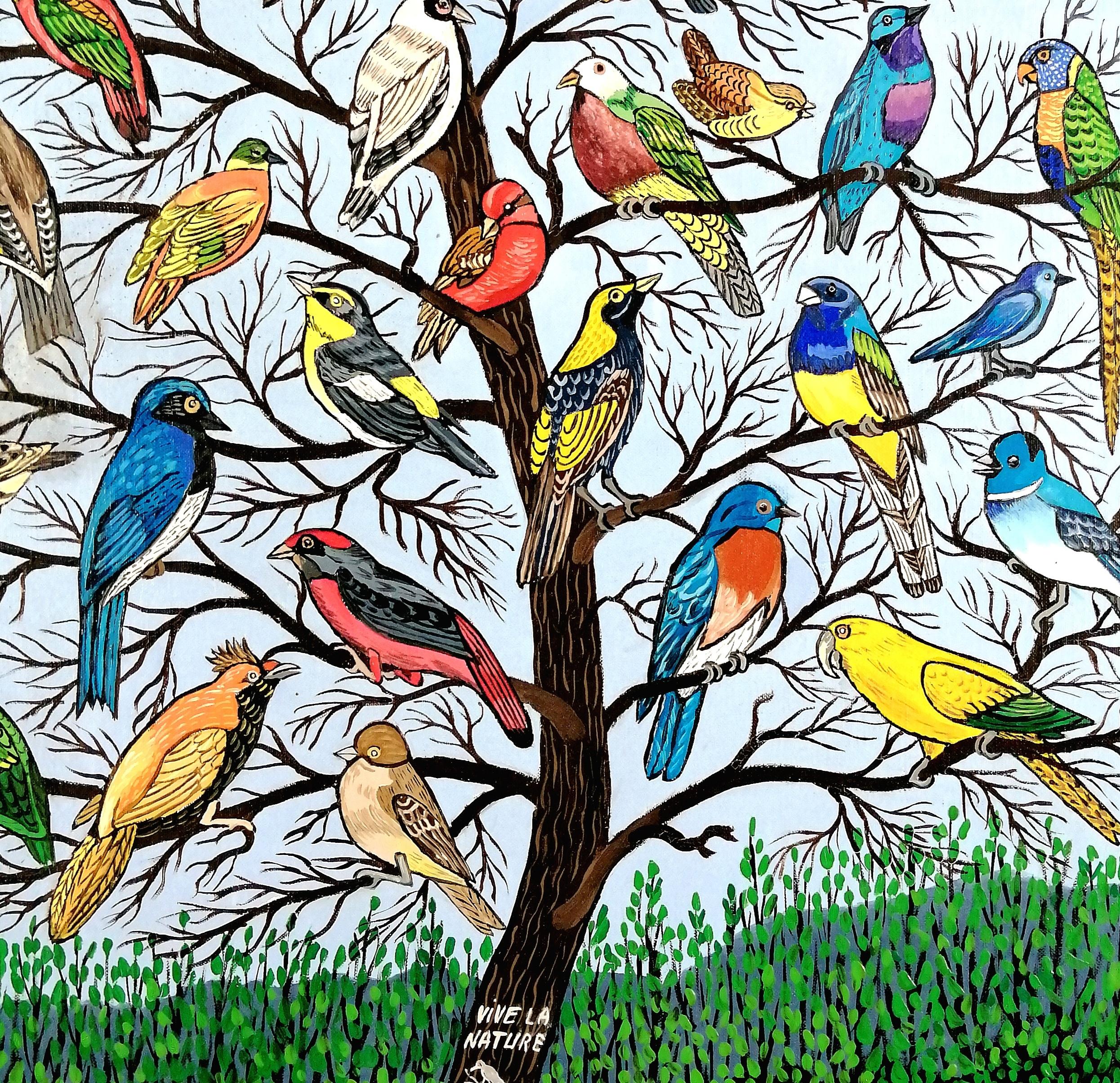 The Bird Tree - Large Mid 20th Century French Naïf Nature Birds Oil Painting 2