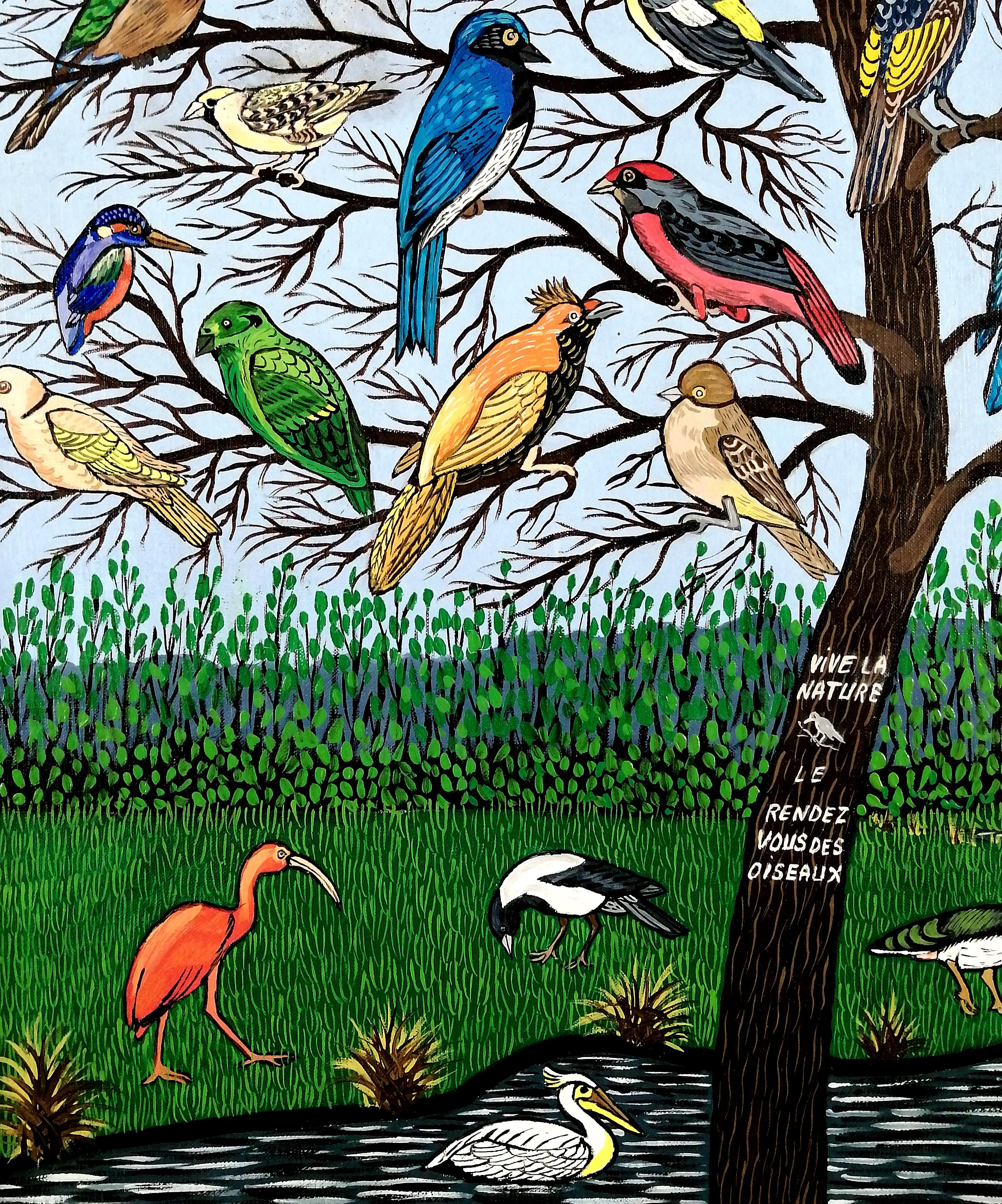 The Bird Tree - Large Mid 20th Century French Naïf Nature Birds Oil Painting 3
