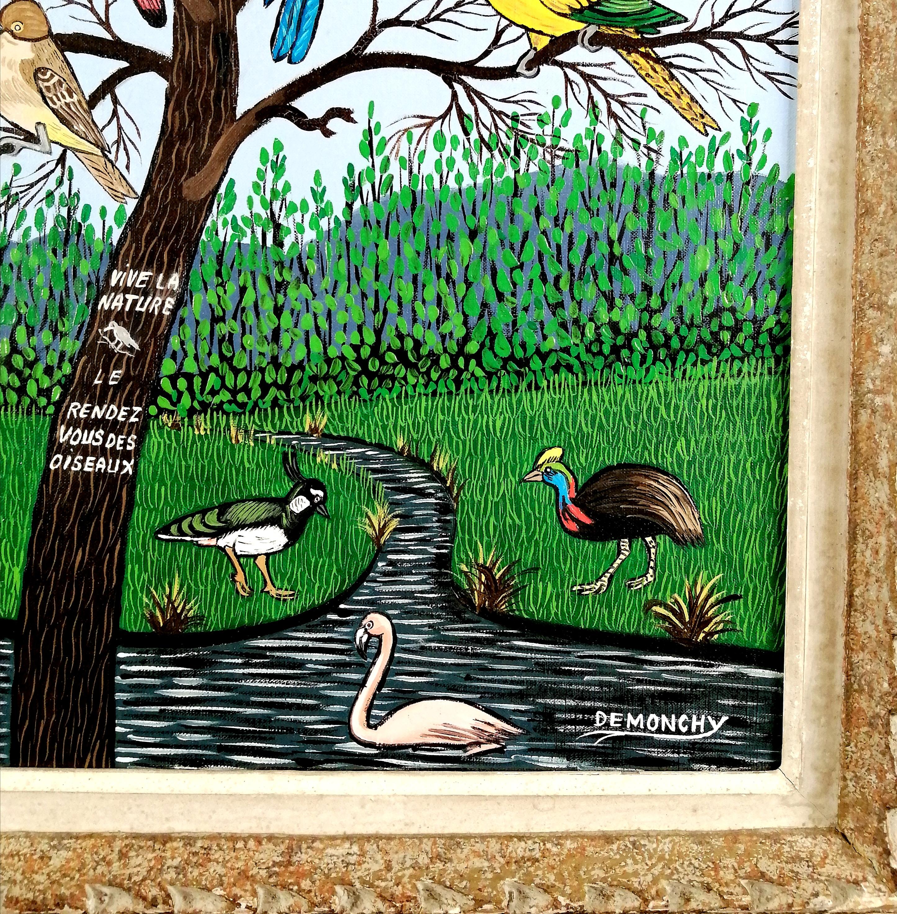 The Bird Tree - Large Mid 20th Century French Naïf Nature Birds Oil Painting 5