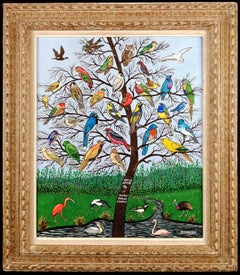 The Bird Tree - Large Mid 20th Century French Naïf Nature Birds Oil Painting