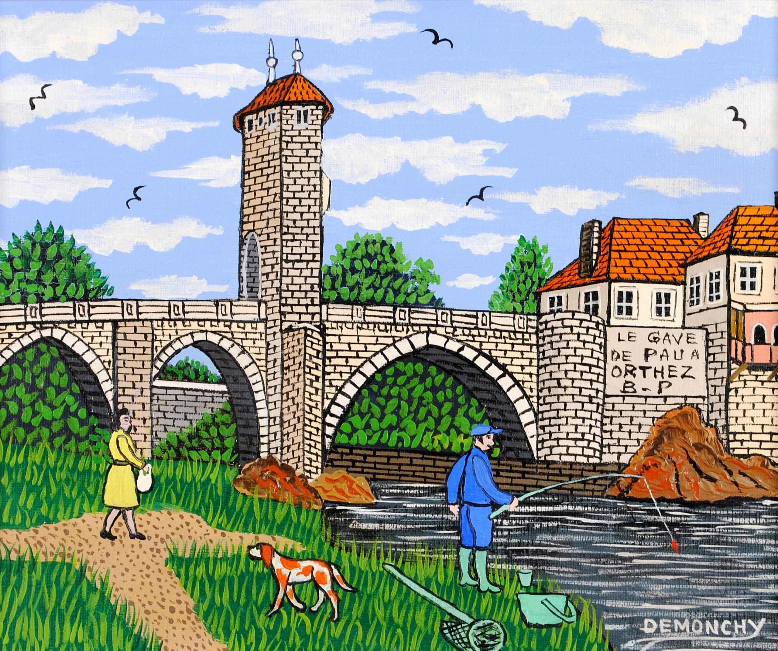 The Gave de Pau in Orthez, Untere Pyrenäen - Französische Naïf-Landschaft Ölgemälde – Painting von André Demonchy