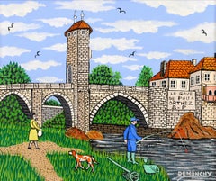 The Gave de Pau in Orthez, Lower Pyrenees - French Naïf Landscape Oil Painting