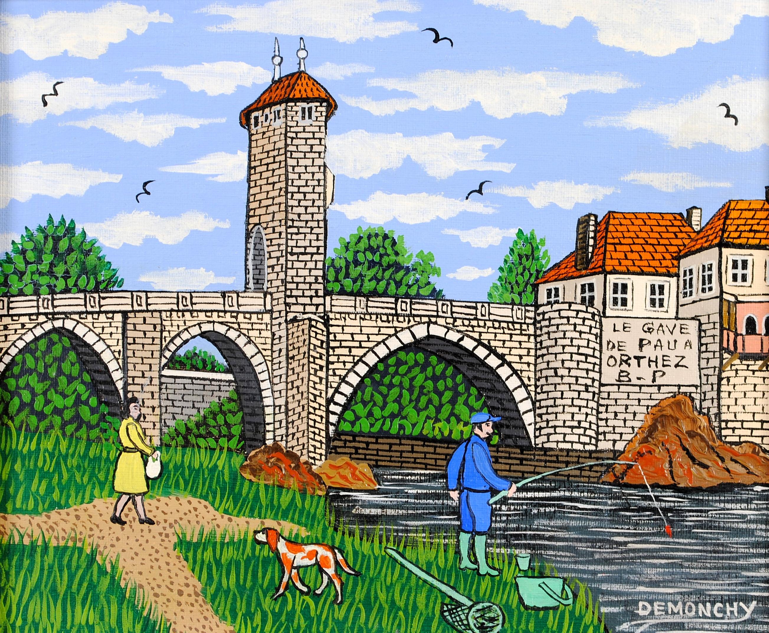 The Gave de Pau in Orthez, Untere Pyrenäen - Französische Naïf-Landschaft Ölgemälde (Braun), Landscape Painting, von André Demonchy