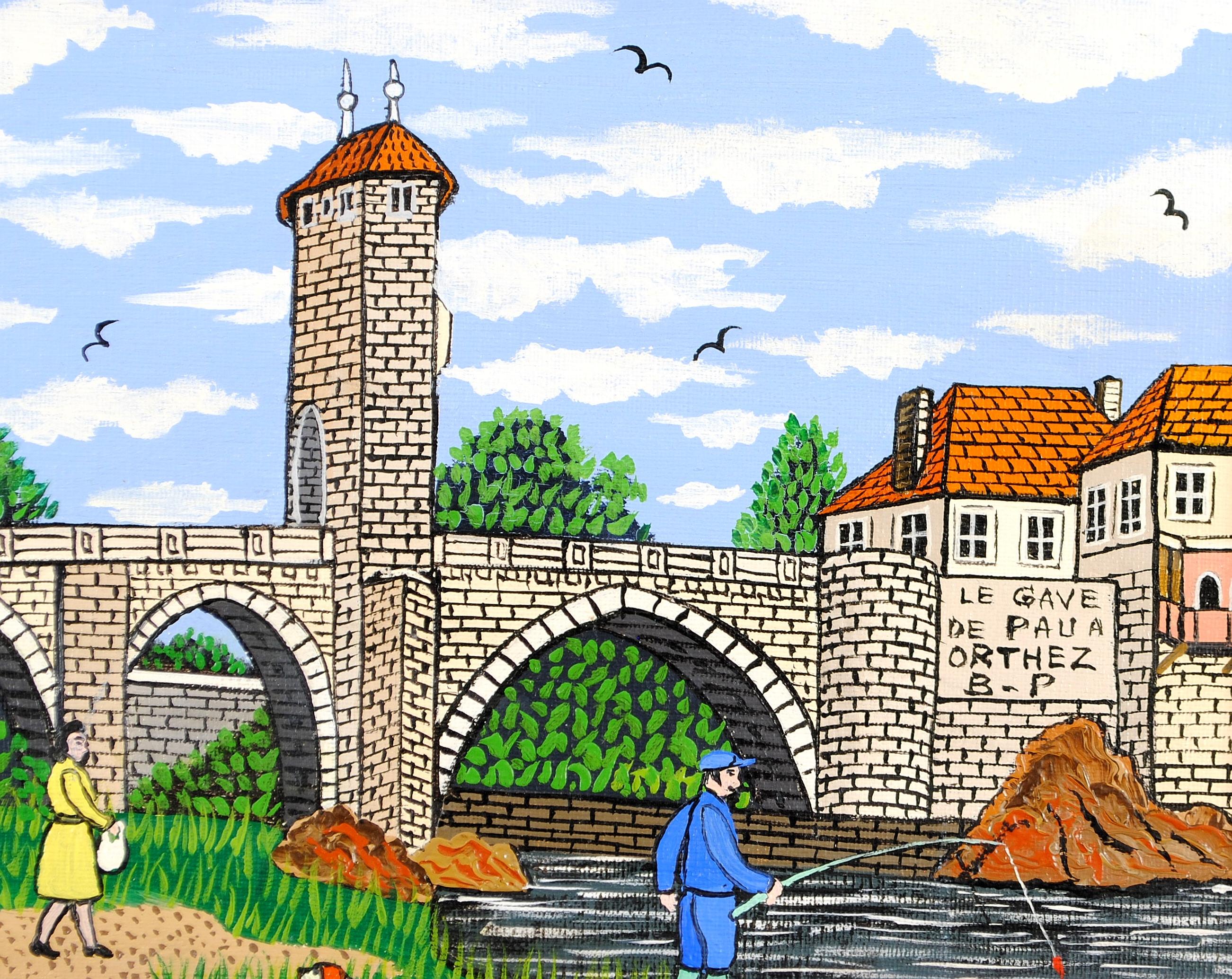 The Gave de Pau in Orthez, Untere Pyrenäen - Französische Naïf-Landschaft Ölgemälde im Angebot 1
