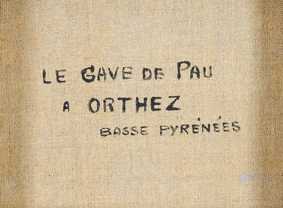 The Gave de Pau in Orthez, Untere Pyrenäen - Französische Naïf-Landschaft Ölgemälde im Angebot 3