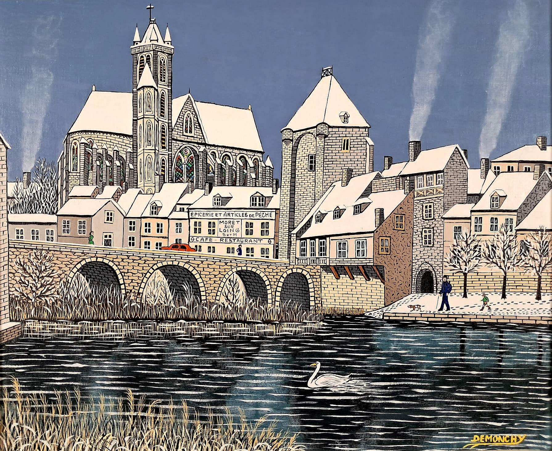Winter River Landscape - Mid Century French Naïf Naive Townscape Oil Painting - Gray Landscape Painting by André Demonchy
