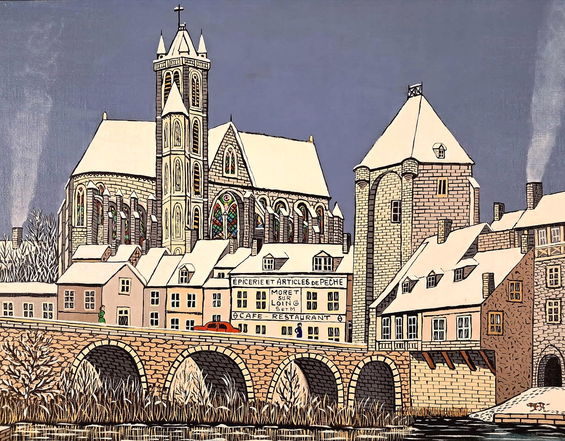A beautiful 20th century French naïf oil on canvas depicting a town on the banks of a river in winter, by André Demonchy. 

The artist is featured in Anatole Jakovsky's ''Peintres Naïfs'' which is known as the bible of 20th century French naïf