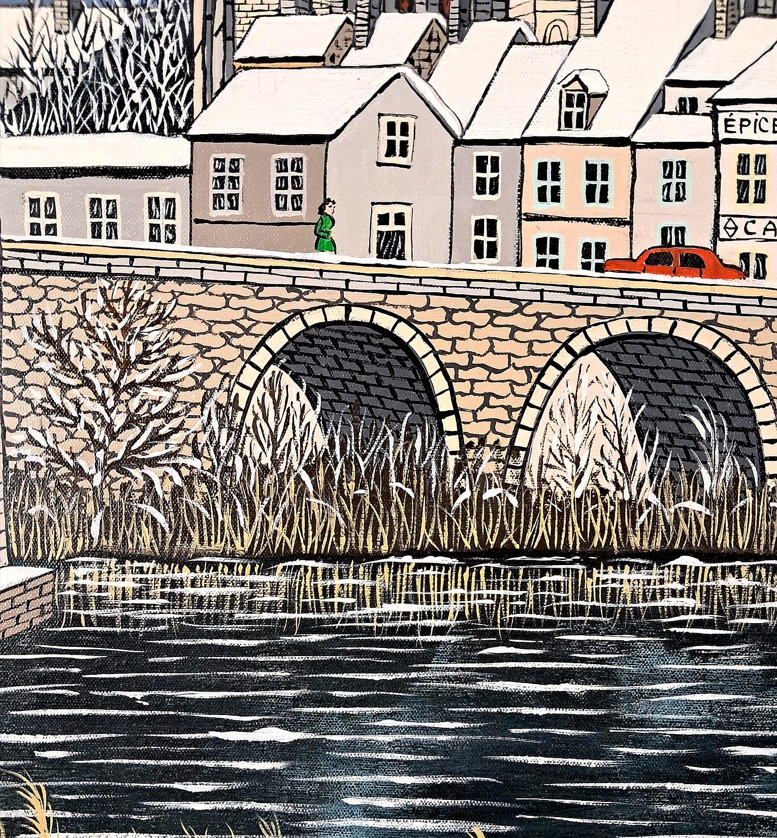 Winter River Landscape - Mid Century French Naïf Naive Townscape Oil Painting For Sale 1