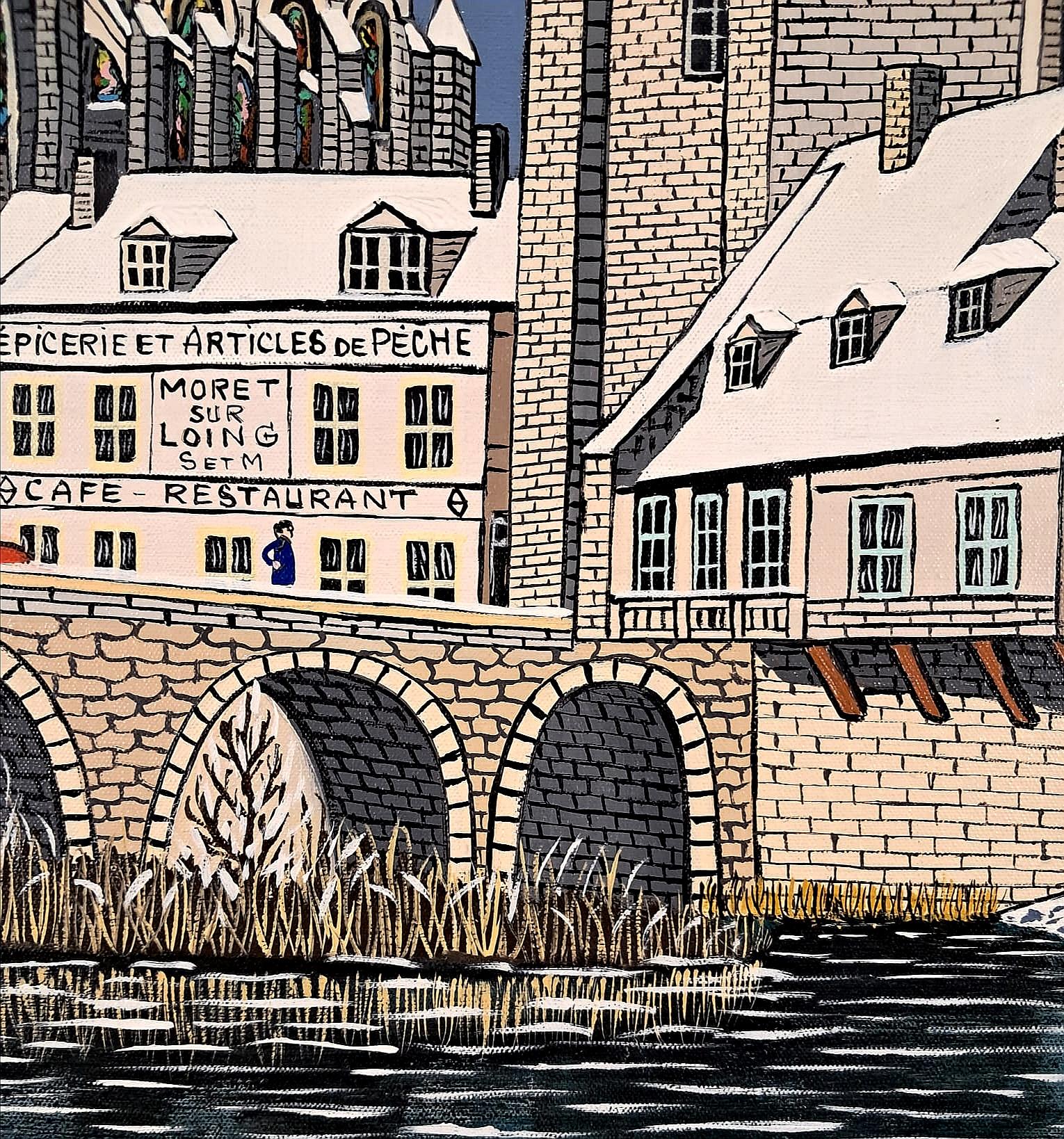 Winter River Landscape - Mid Century French Naïf Naive Townscape Oil Painting For Sale 2