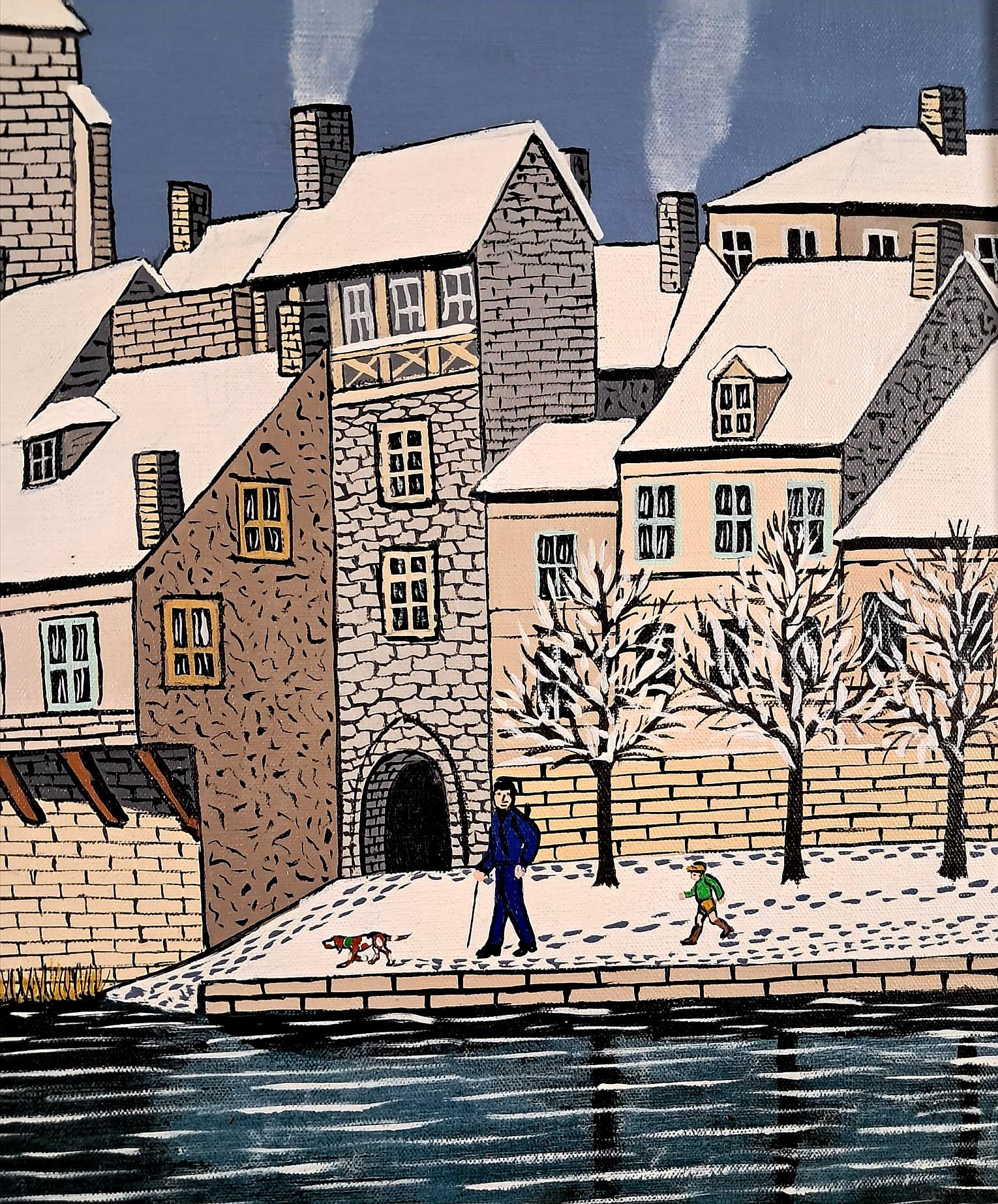 Winter River Landscape - Mid Century French Naïf Naive Townscape Oil Painting For Sale 3
