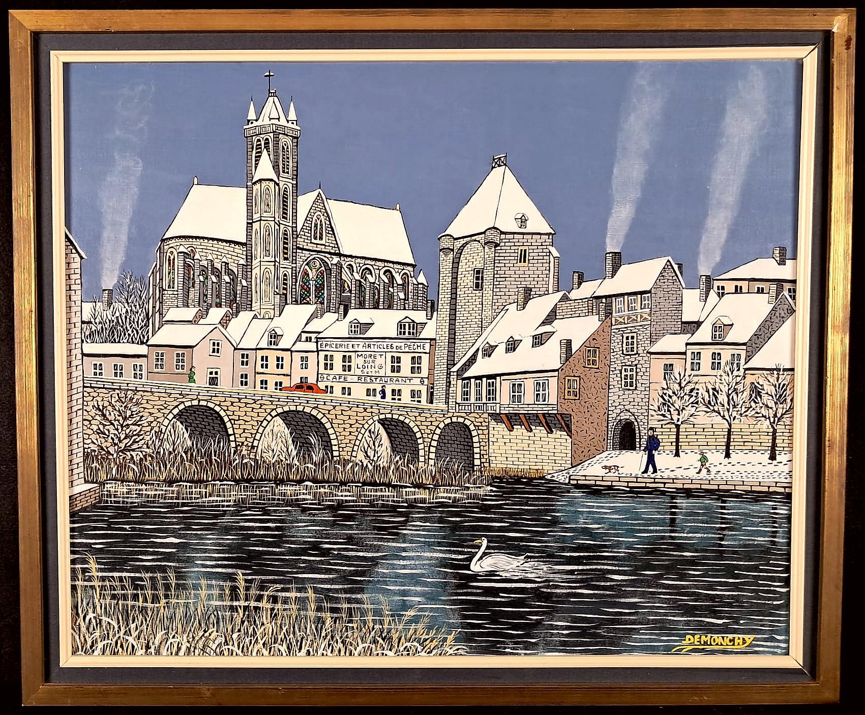 André Demonchy Landscape Painting - Winter River Landscape - Mid Century French Naïf Naive Townscape Oil Painting