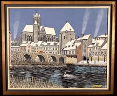 Winter River Landscape - Mid Century French Naïf Naive Townscape Oil Painting
