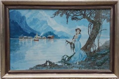 Vintage Watercolor blue French 20th century Symbolist 1945 "The Echo"