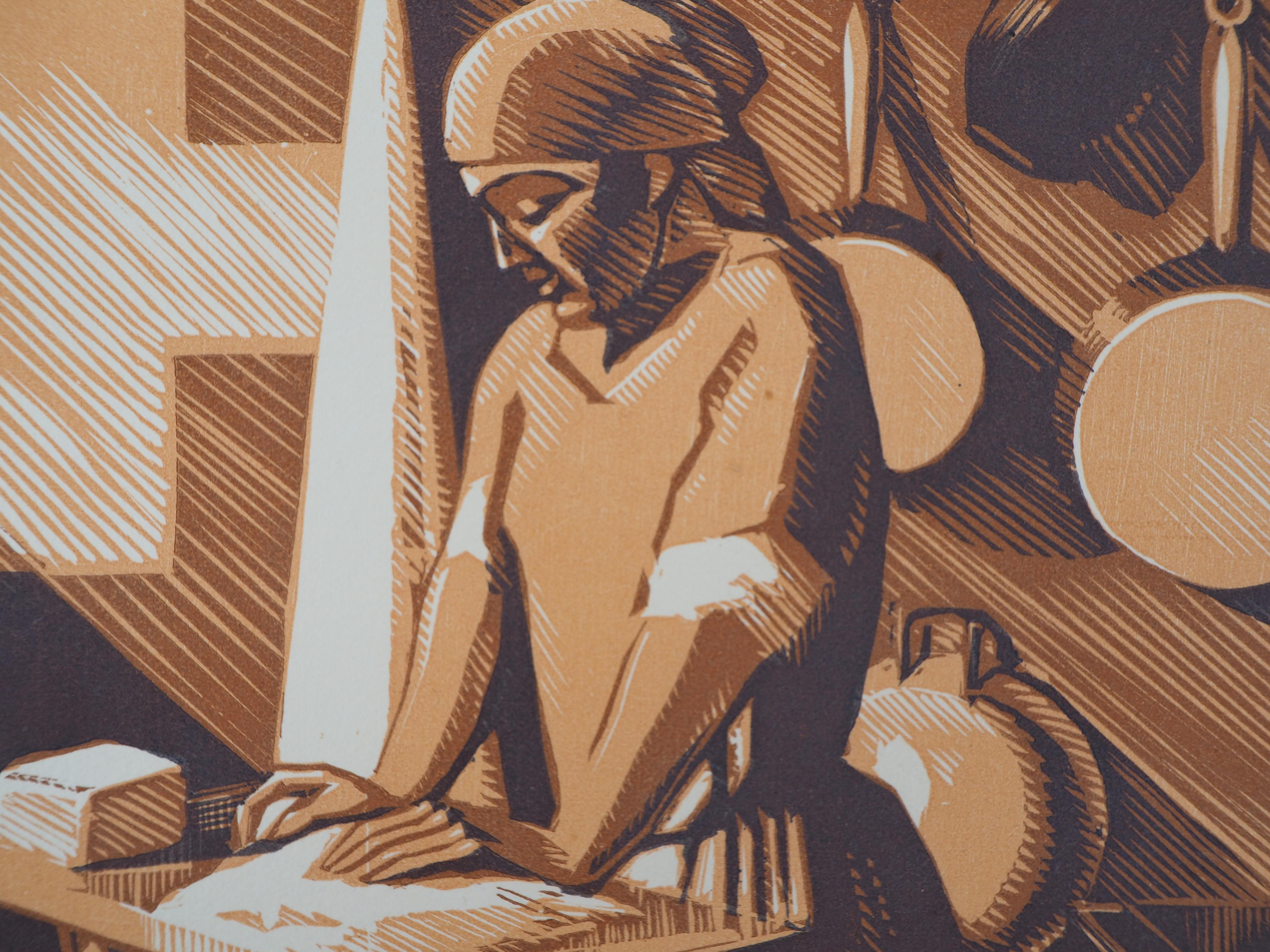 Old Trades : Laundress - Original wooodcut, Handsigned & numbered /160 - Print by André DESLIGNIERES 