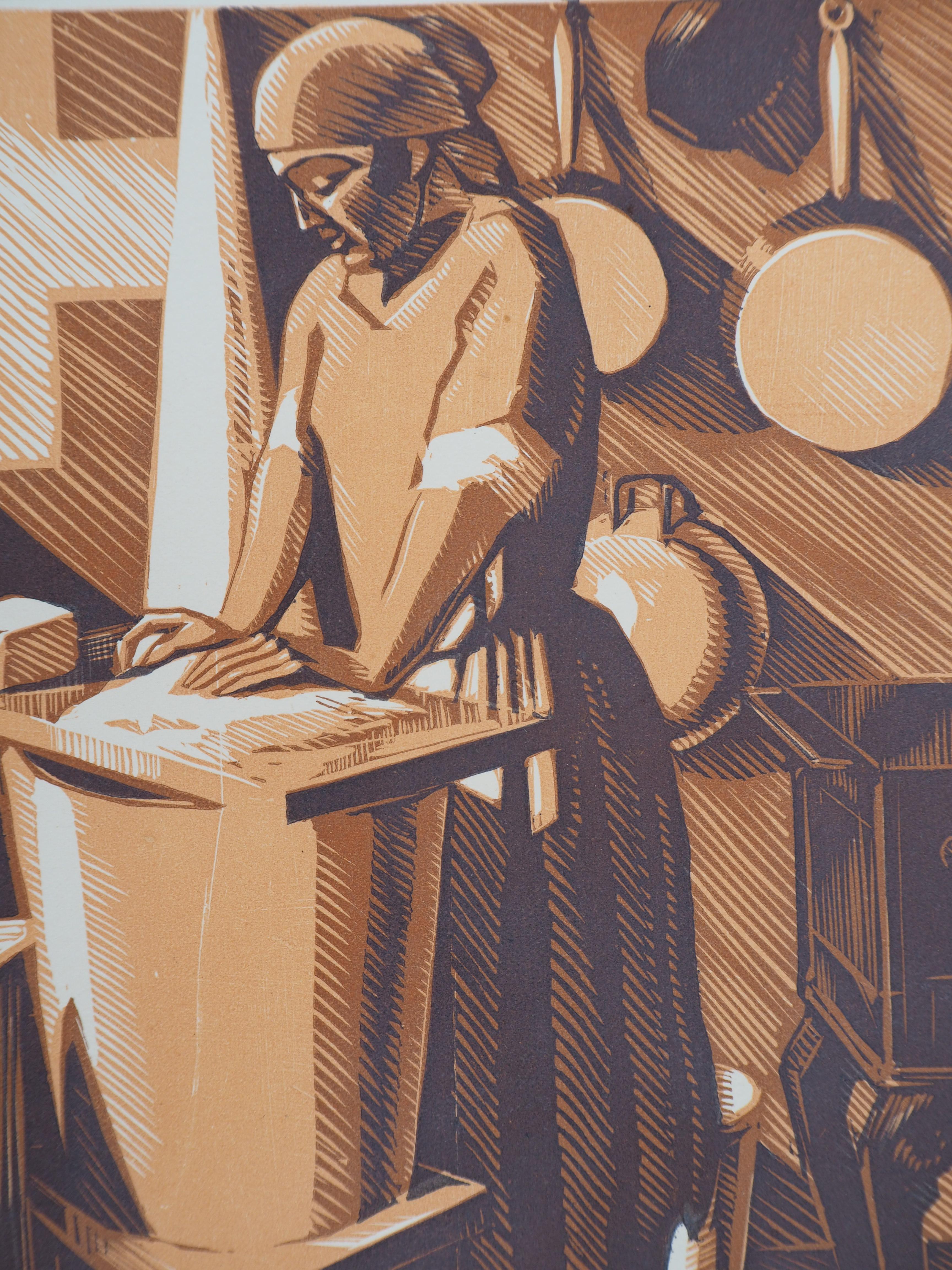 Old Trades : Laundress - Original wooodcut, Handsigned & numbered /160 - Modern Print by André DESLIGNIERES 