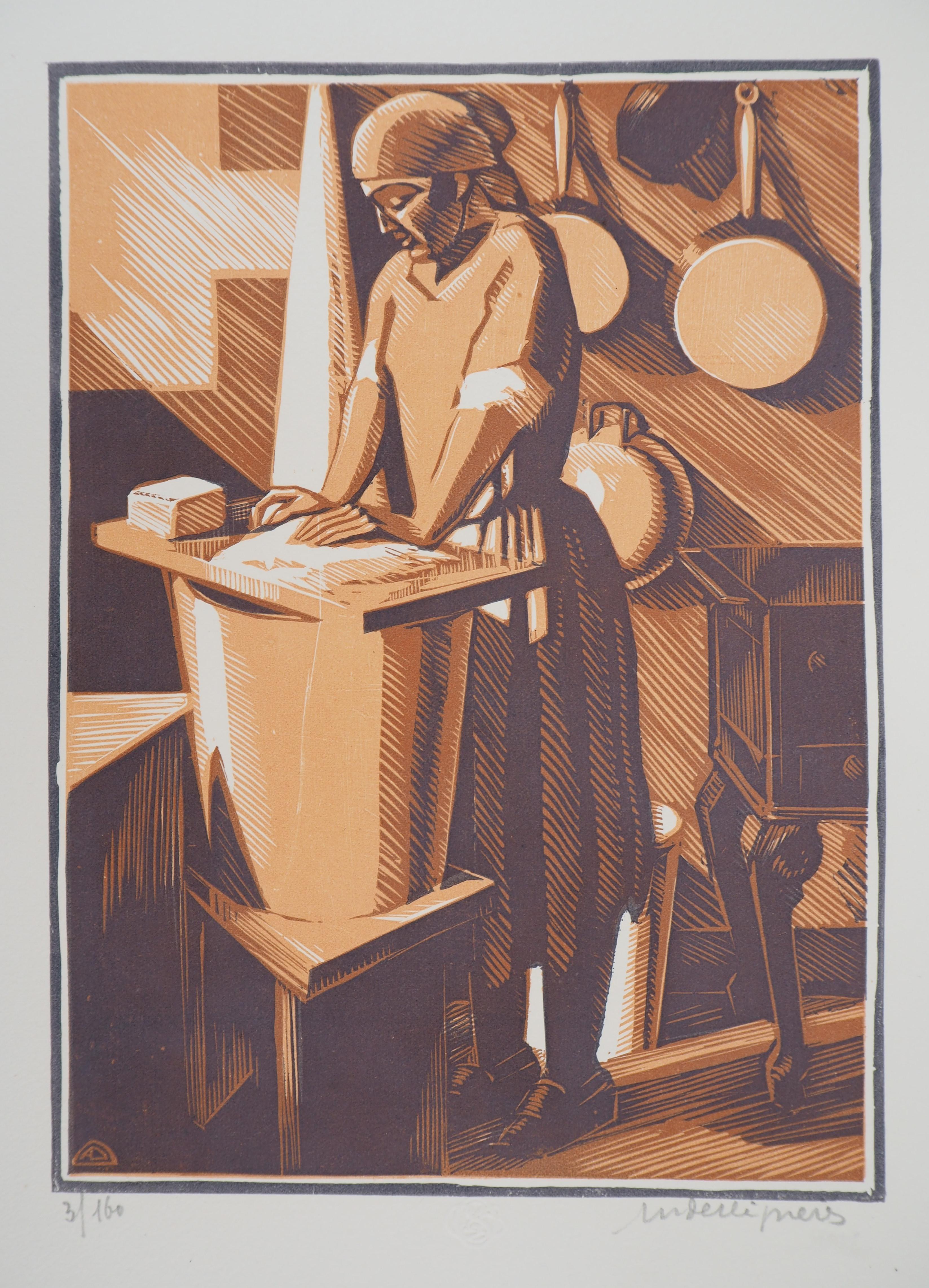 André DESLIGNIERES  Interior Print - Old Trades : Laundress - Original wooodcut, Handsigned & numbered /160