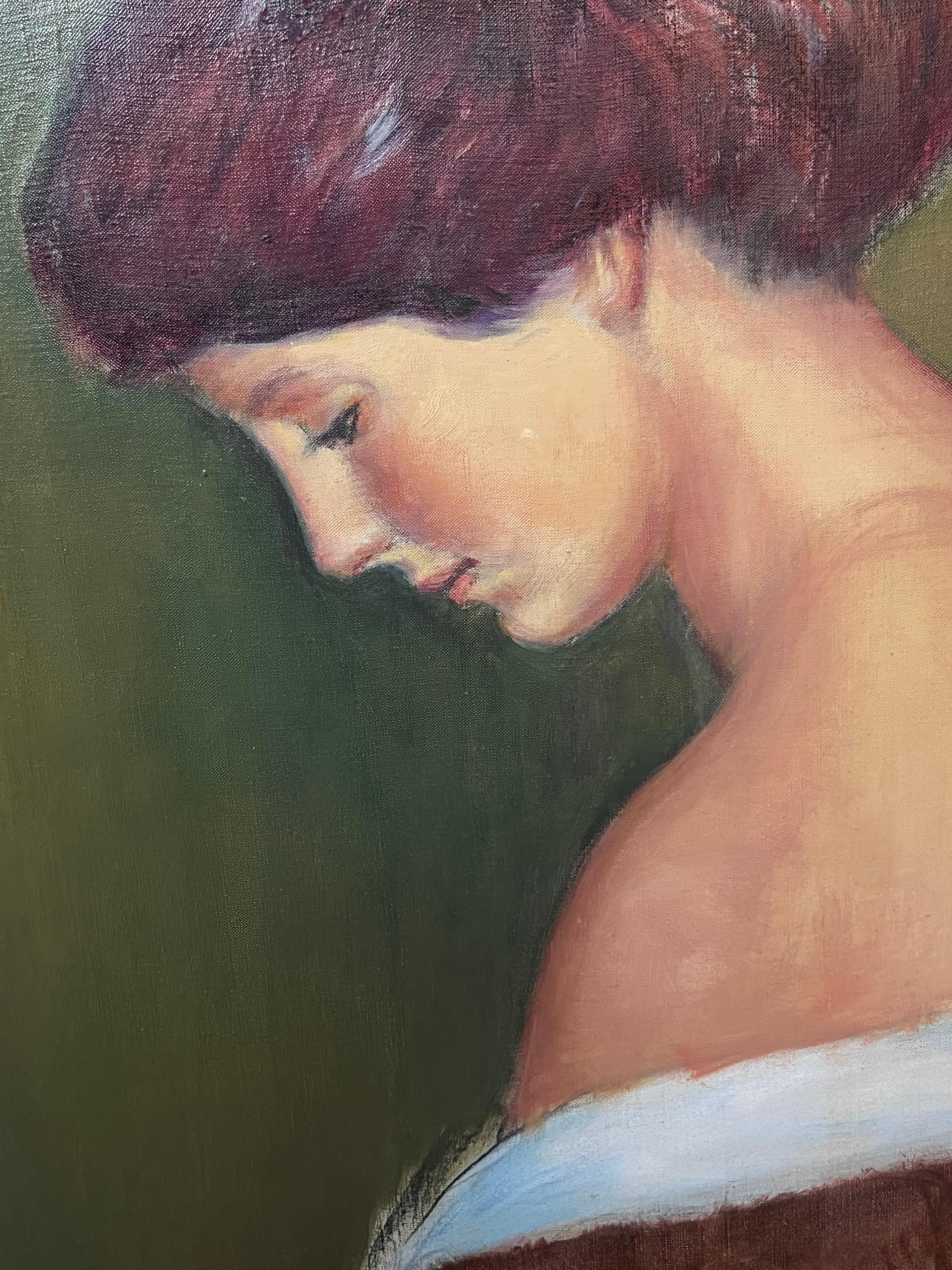 1930's Pintura al óleo francesa postimpresionista de gran tamaño Retrato de chica joven pensativa - Portrait Painting Marrón de André Félix ROBERTY (1877-1963)