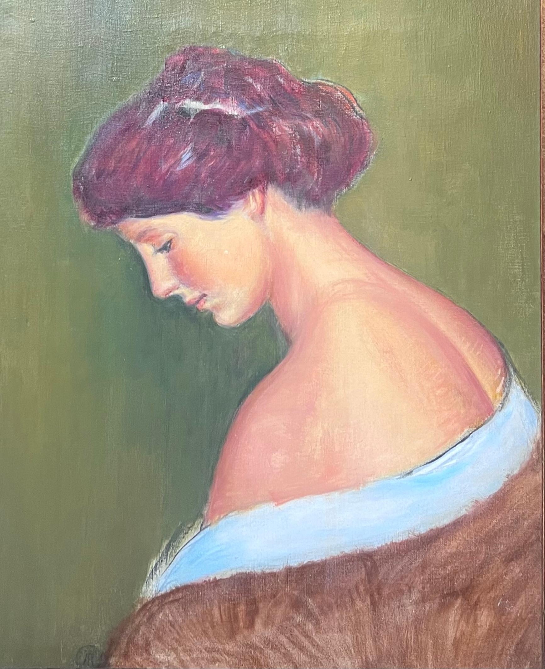 1930's Pintura al óleo francesa postimpresionista de gran tamaño Retrato de chica joven pensativa en venta 1
