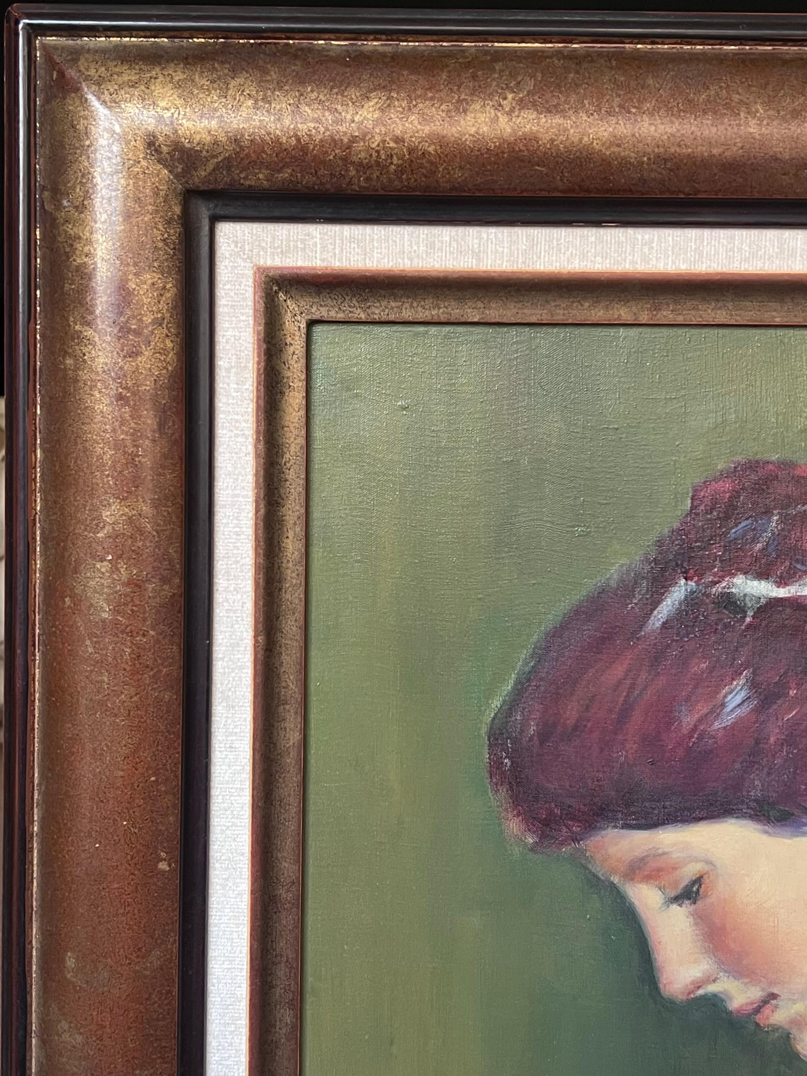 1930's Pintura al óleo francesa postimpresionista de gran tamaño Retrato de chica joven pensativa en venta 2
