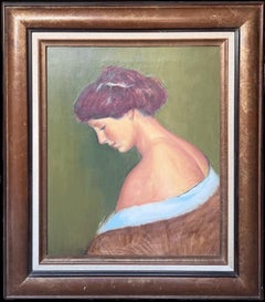 Pittura ad olio francese post impressionista di grandi dimensioni del 1930 Ritratto di giovane ragazza pensierosa