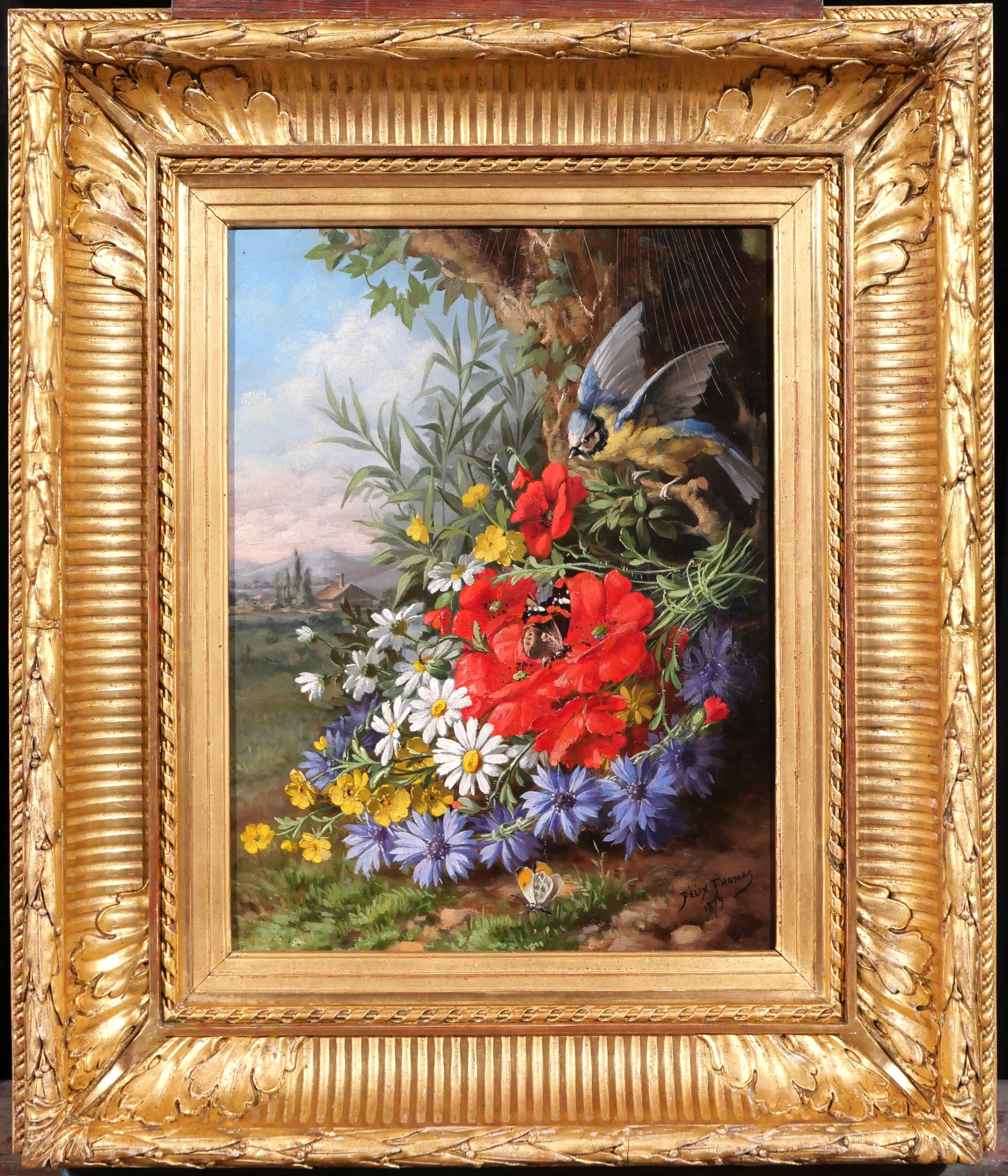 Still life of flowers, bird (tit) and butterflies in a landscape - Painting by André-Félix Thomas