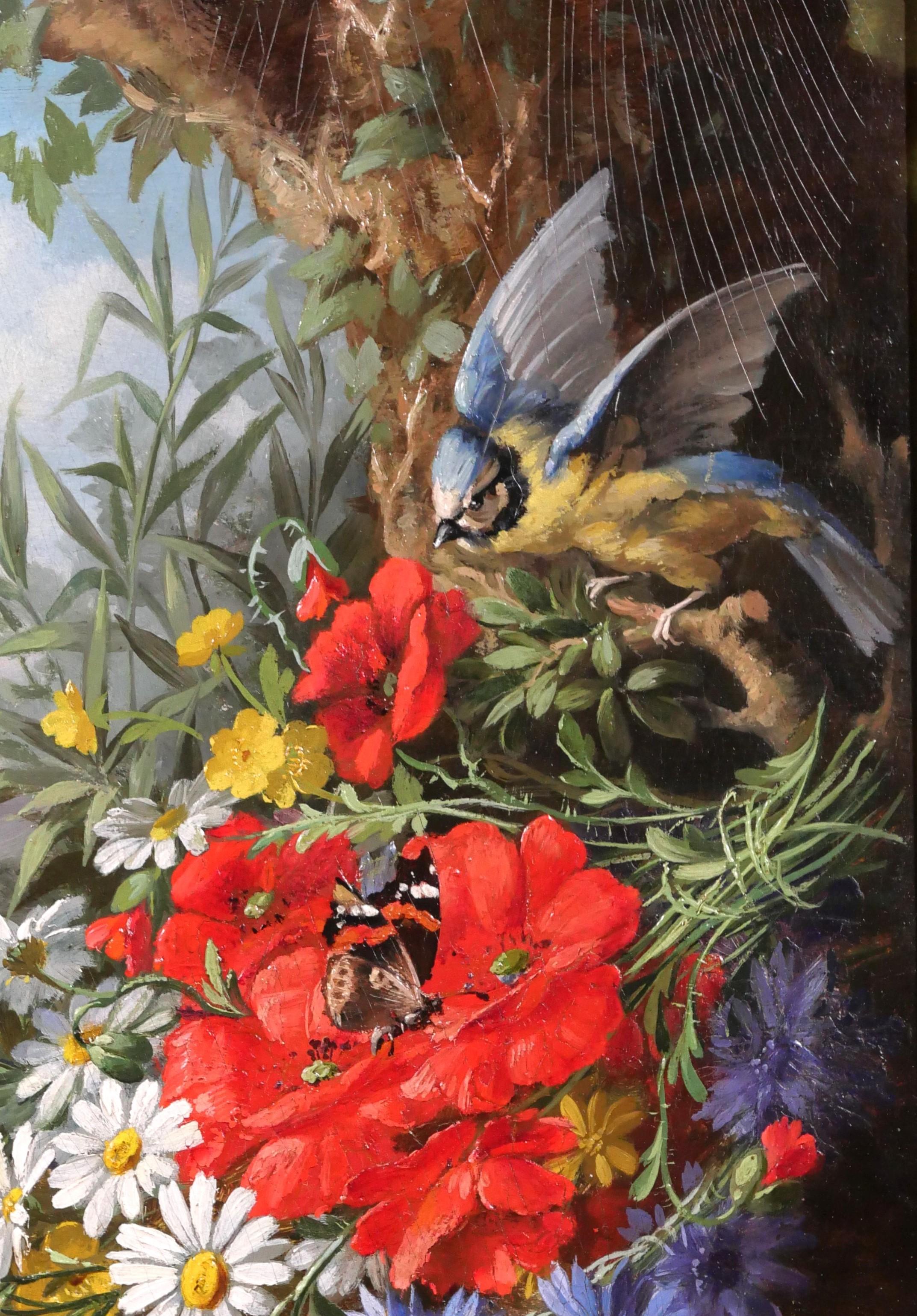 Still life of flowers, bird (tit) and butterflies in a landscape - Barbizon School Painting by André-Félix Thomas