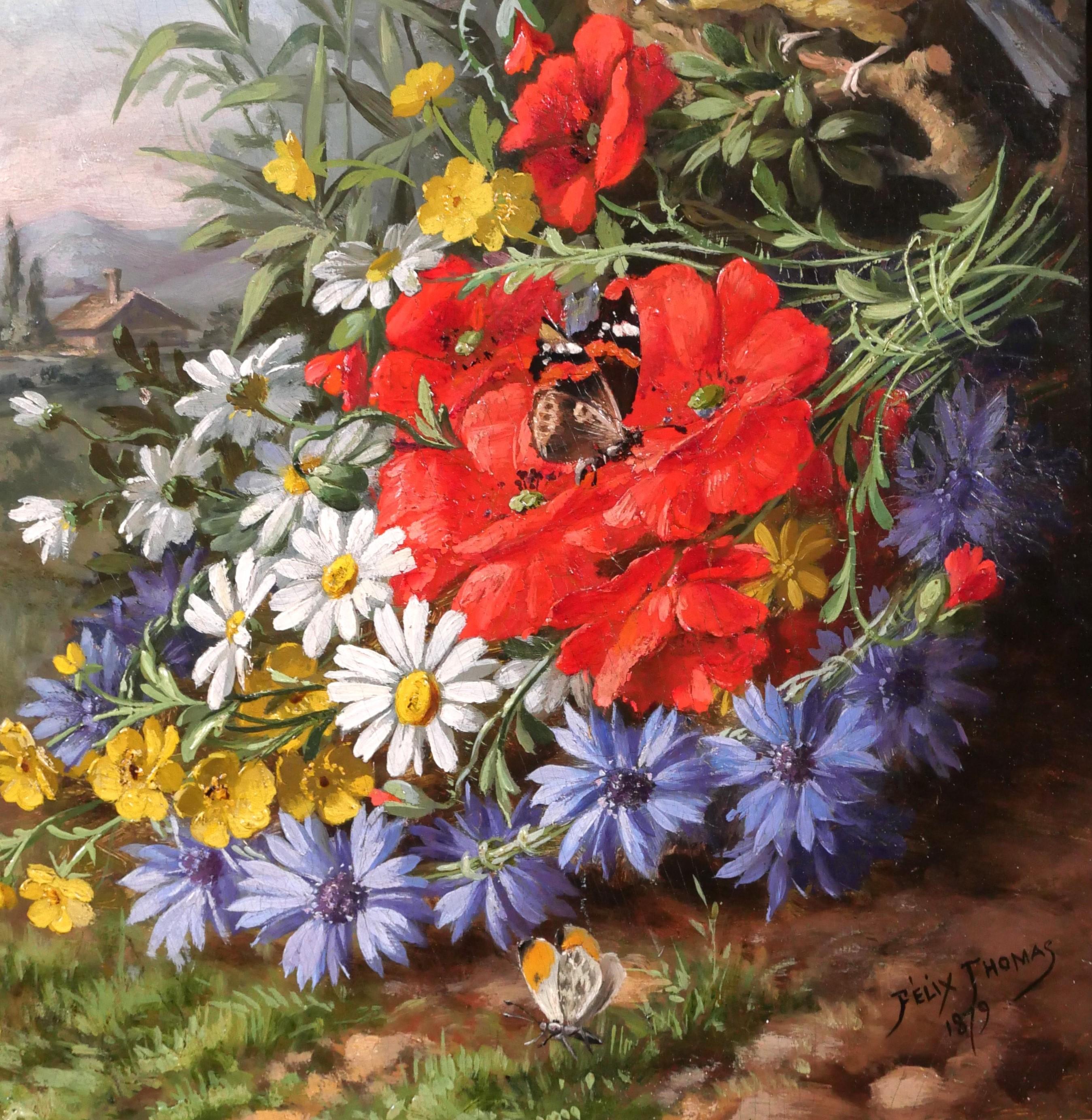 André-Félix THOMAS
19th century, French
Still life of flowers, bird (tit) and butterflies in a landscape
Painting, oil on wooden panel
Signed and dated 1879
Painting: 24 x 32 cm (9.4 x 12.6 inches)
Beautiful 19th century frame: 41.5 x 49 cm (16.3 x