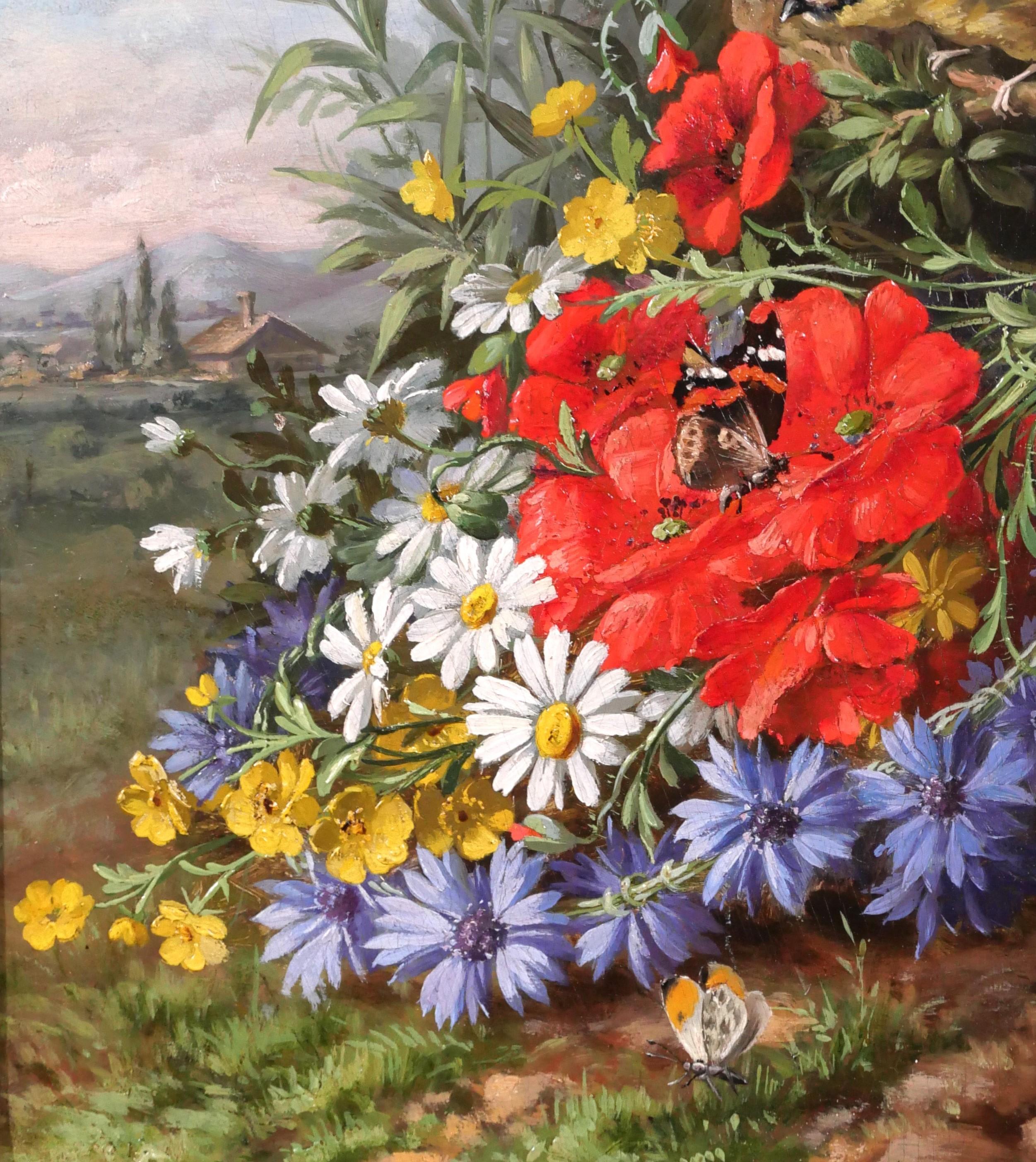 Still life of flowers, bird (tit) and butterflies in a landscape For Sale 1