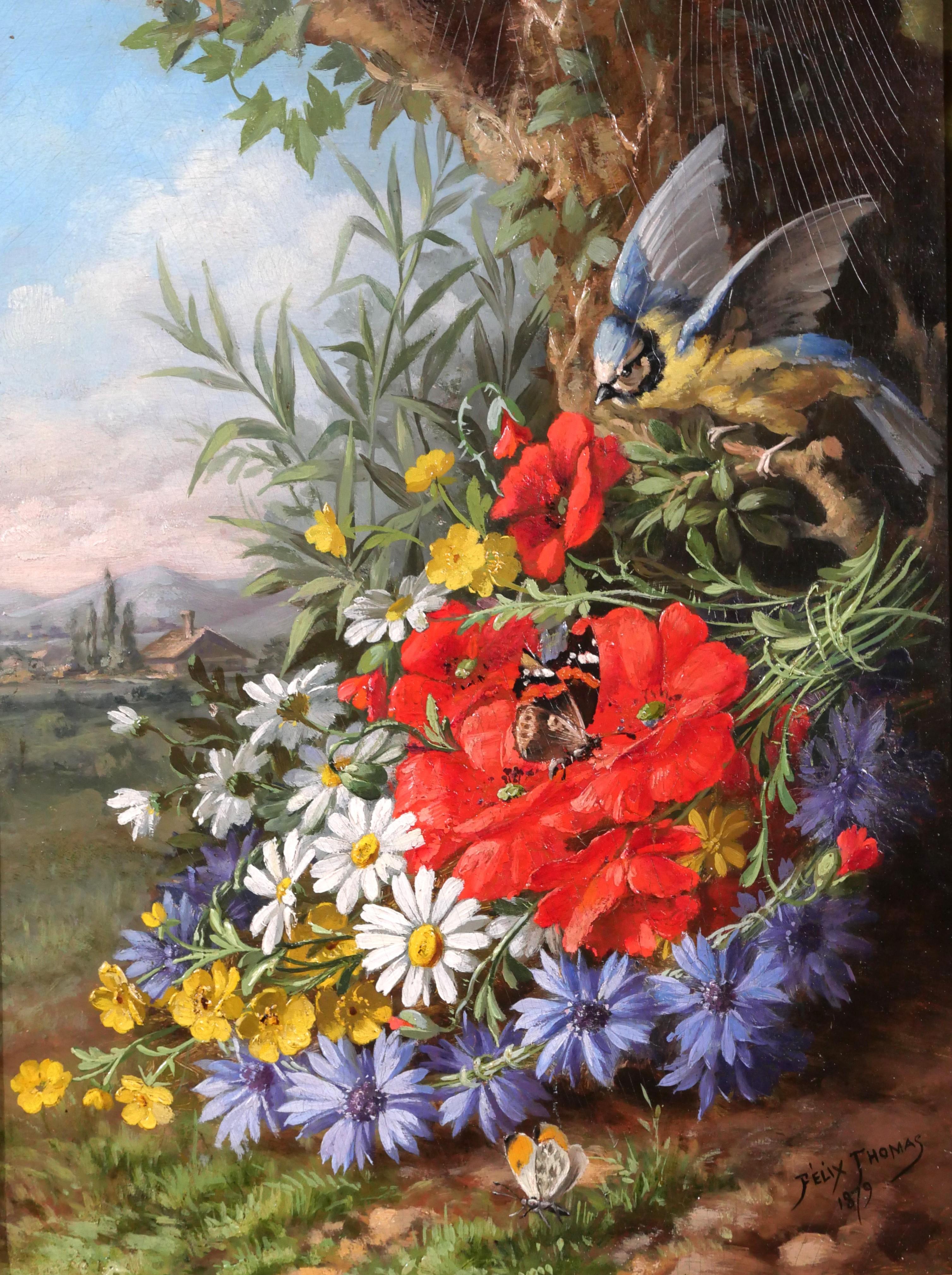 André-Félix Thomas Still-Life Painting - Still life of flowers, bird (tit) and butterflies in a landscape