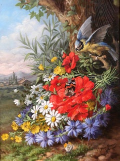 Still life of flowers, bird (tit) and butterflies in a landscape