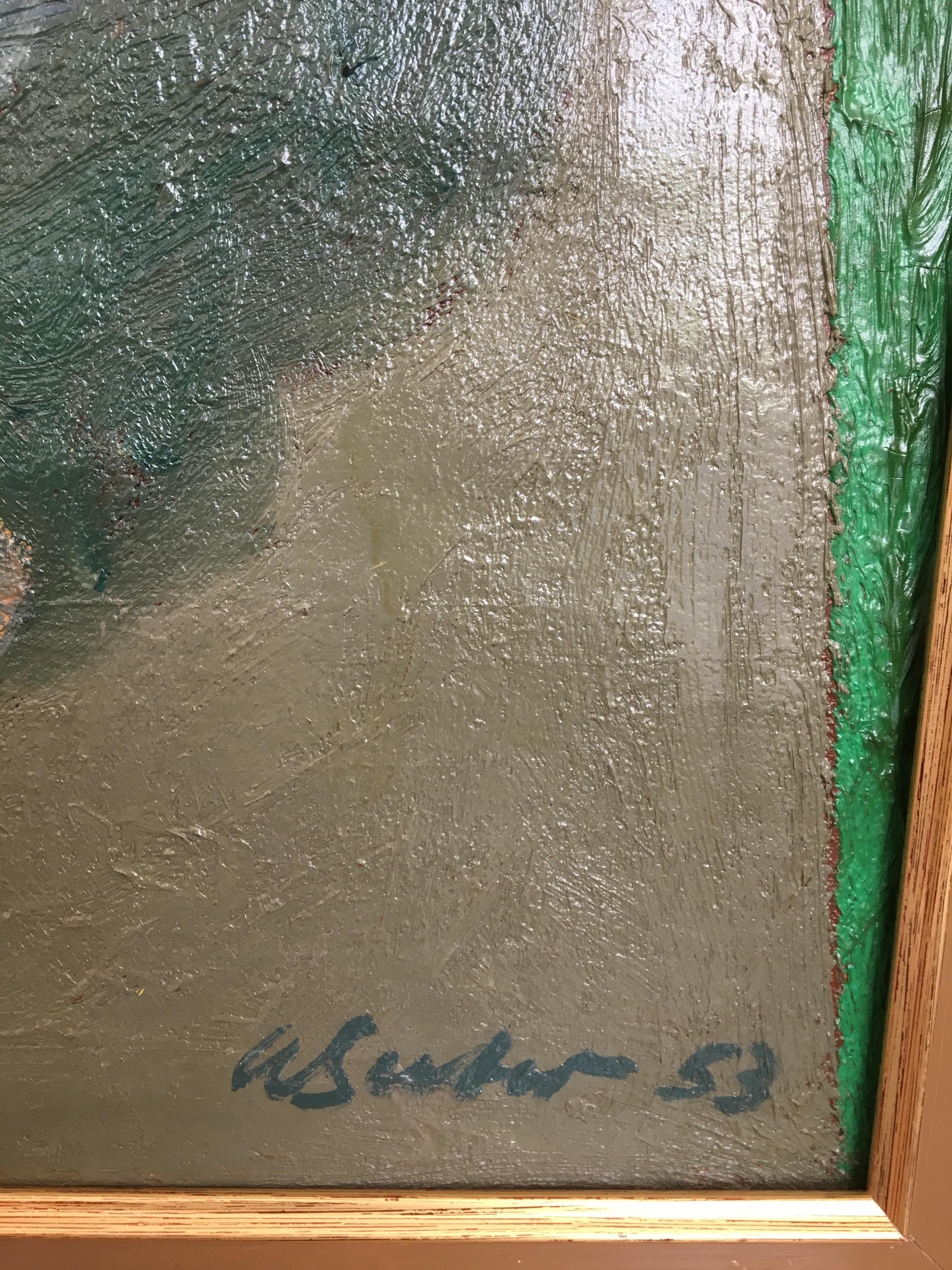 Portrait d'une jeune femme peint au dos de la toile

Travail sur toile
Cadre en bois doré
60 x 65 x 5 cm