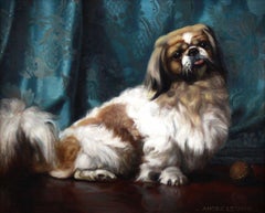 Oil On Canvas Portrait Of A Pekingese Dog 20th French School